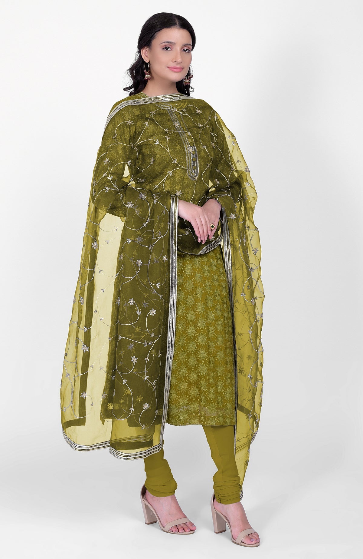 Green phulkari embroidered kurta set with hand embroidered gota kasab dupatta