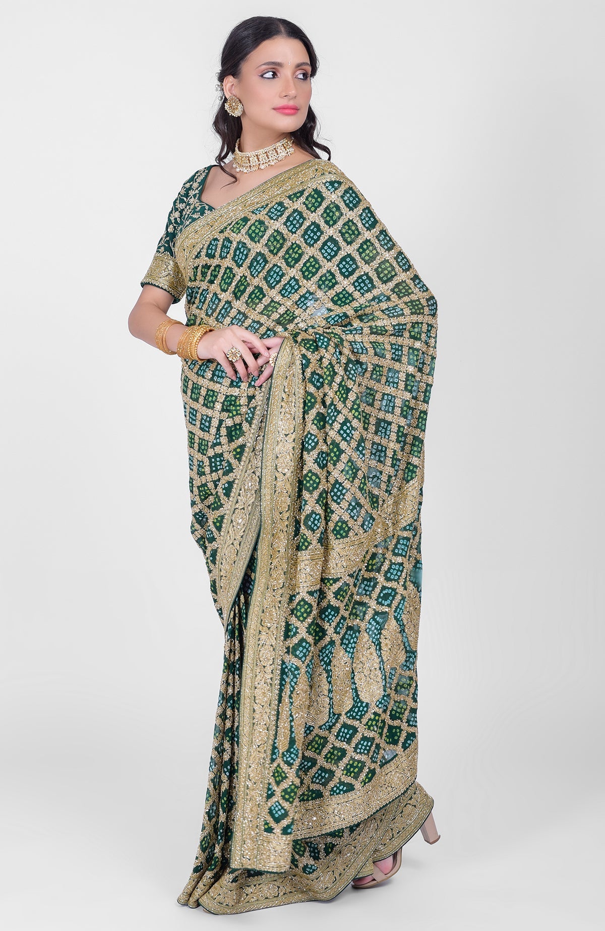Bottle green Bandhej saree with Banarasi zari and zardozi hand embroidery and matching blouse