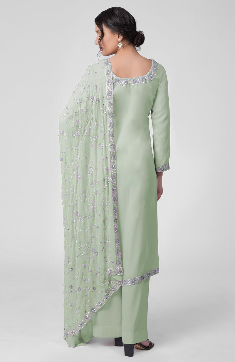 Mist green kurta set with silver beads and sequin zardozi hand embroidery.