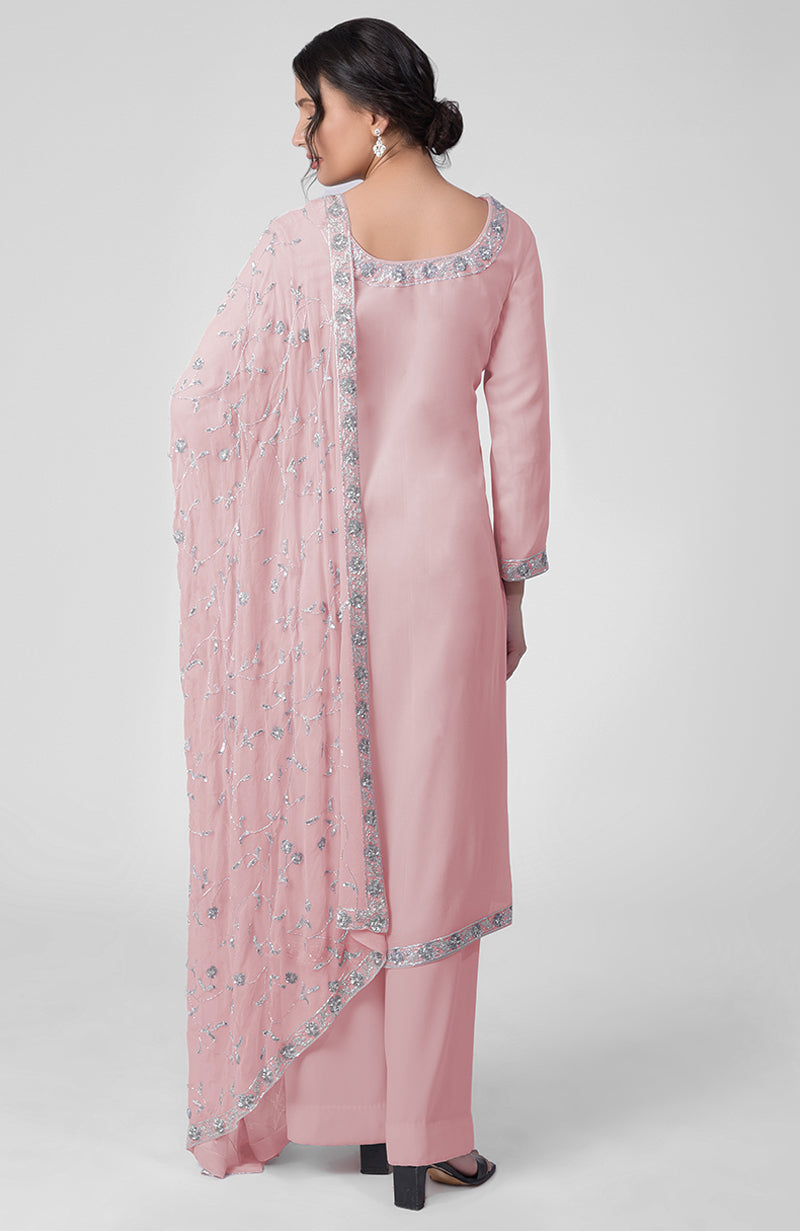 Pink kurta set with silver beads and sequin zardozi hand embroidery.