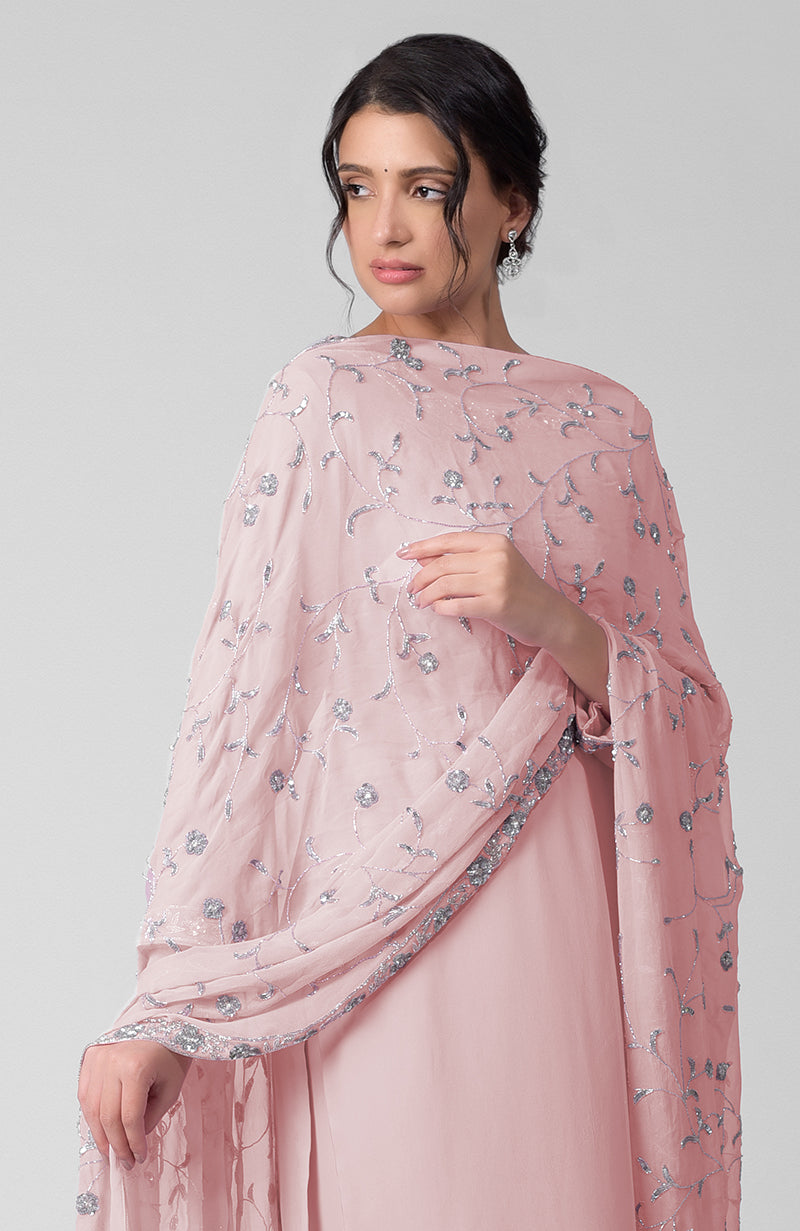 Pink kurta set with silver beads and sequin zardozi hand embroidery.