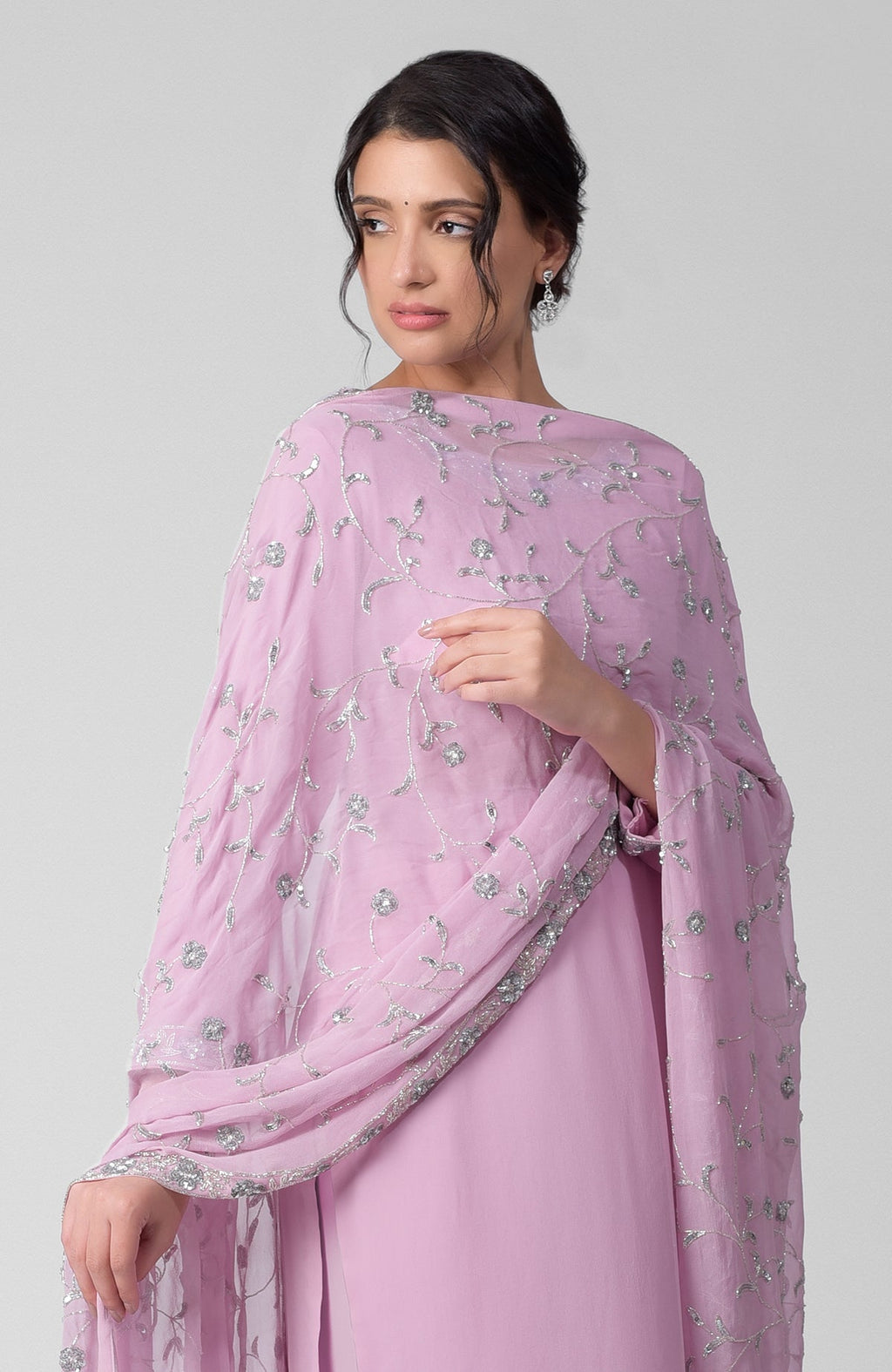 Lilac georgette kurta set with silver bead and sequin zardozi embroidery on neckline and sleeves