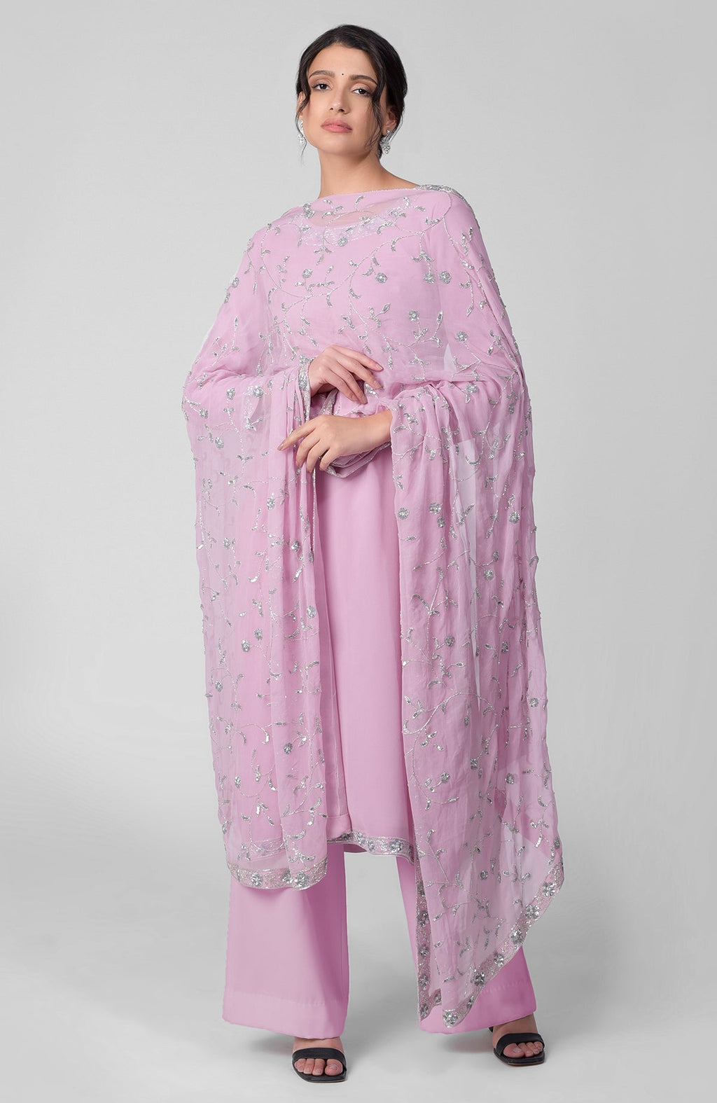 Lilac georgette kurta set with silver beads and sequin zardozi hand embroidery and matching dupatta