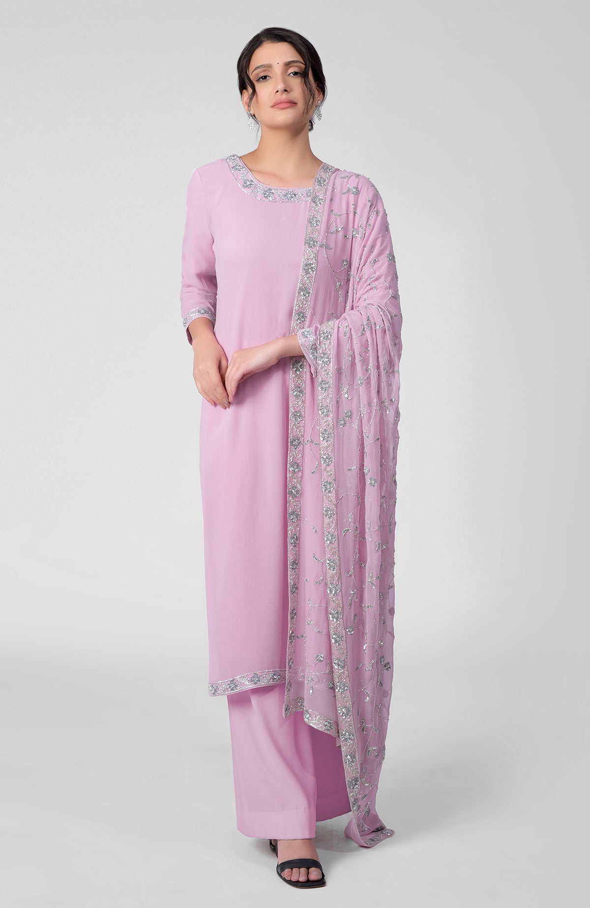 Lilac georgette kurta set with silver bead and sequin zardozi embroidery on neckline and sleeves