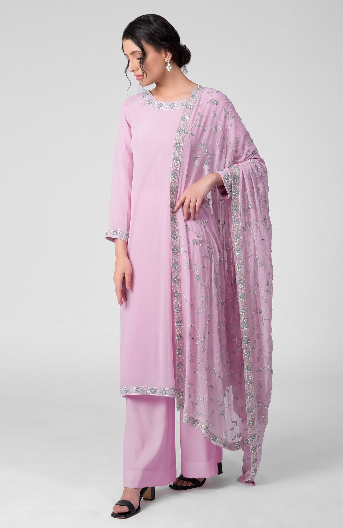 Lilac georgette kurta set with silver beads and sequin zardozi embroidery on neckline and sleeves