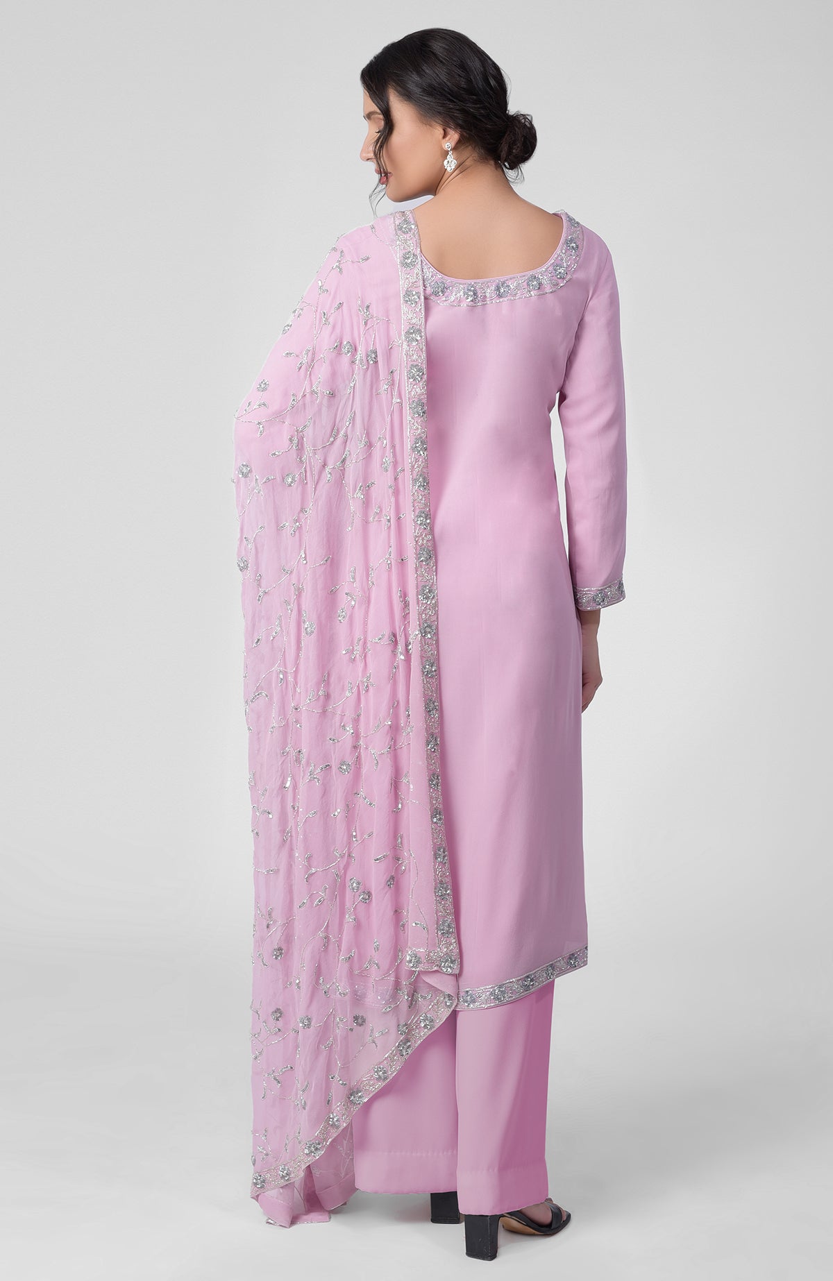 Lilac georgette kurta set with silver bead and sequin zardozi embroidery on neckline and sleeves