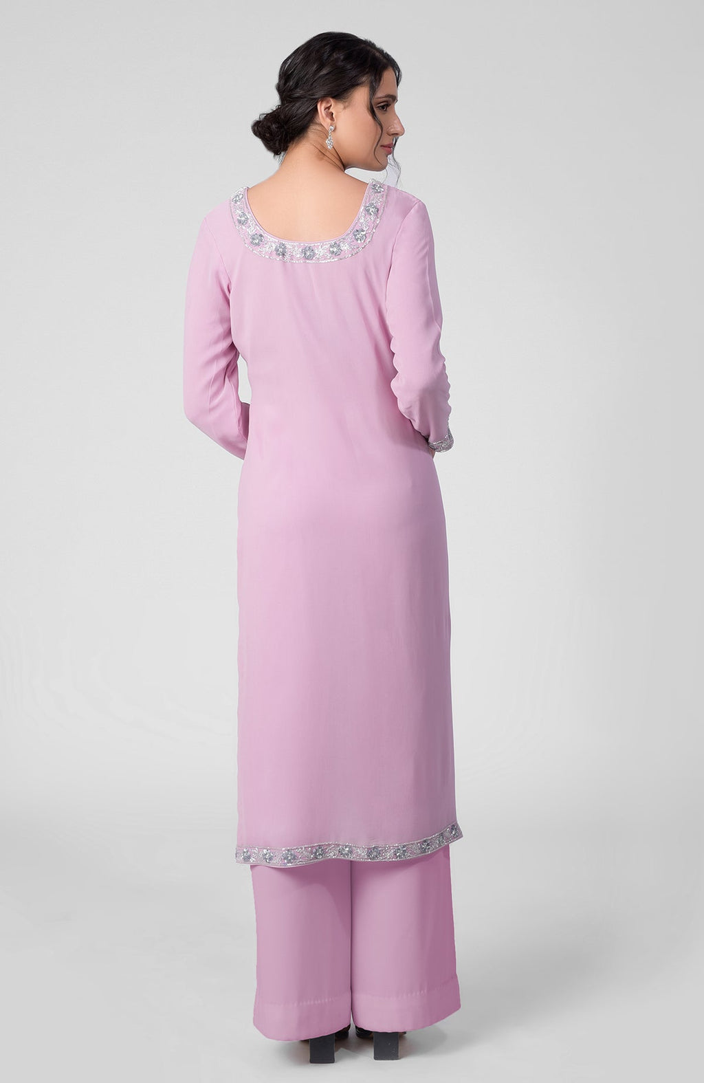 Lilac georgette kurta set with silver bead and sequin zardozi embroidery on neckline and sleeves