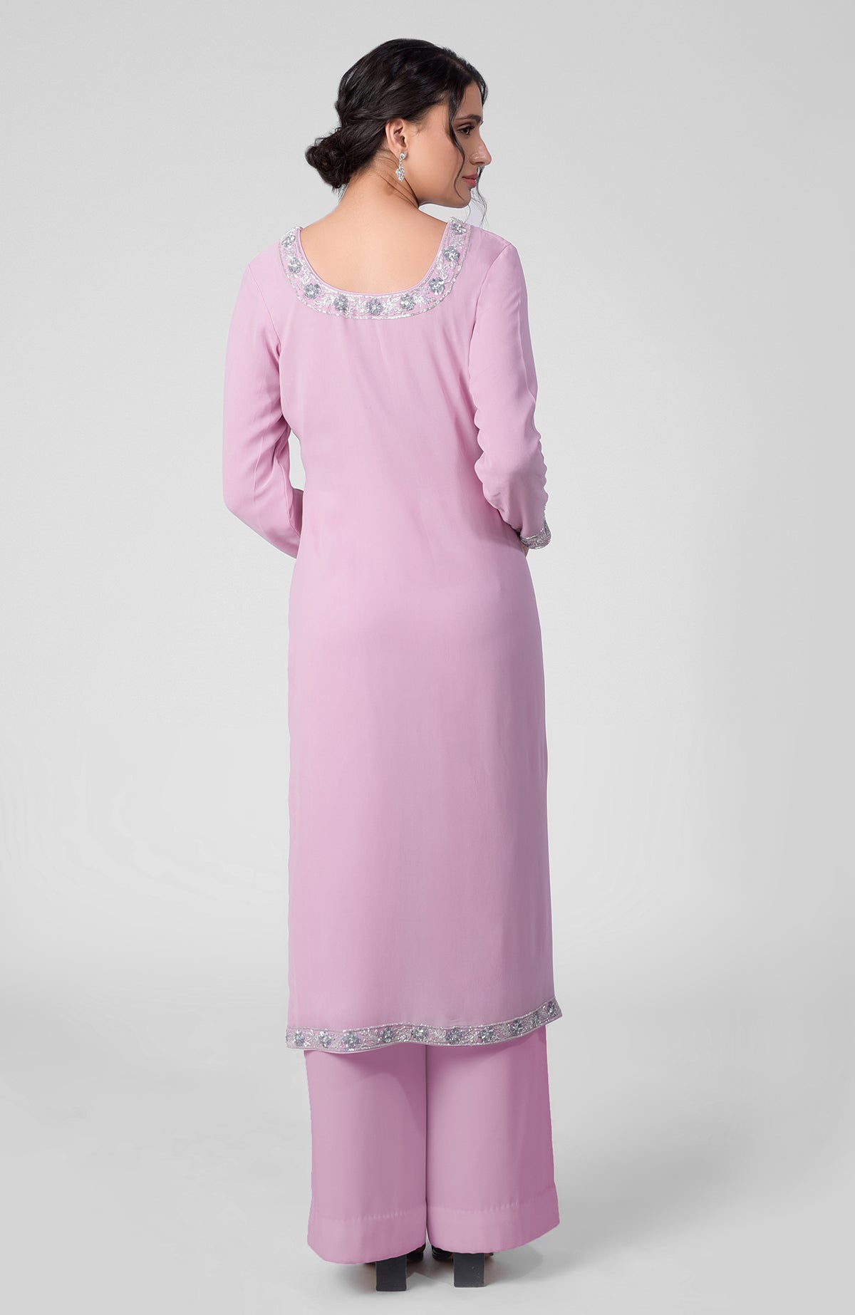 Lilac georgette kurta set with silver bead and sequin zardozi embroidery on neckline and sleeves