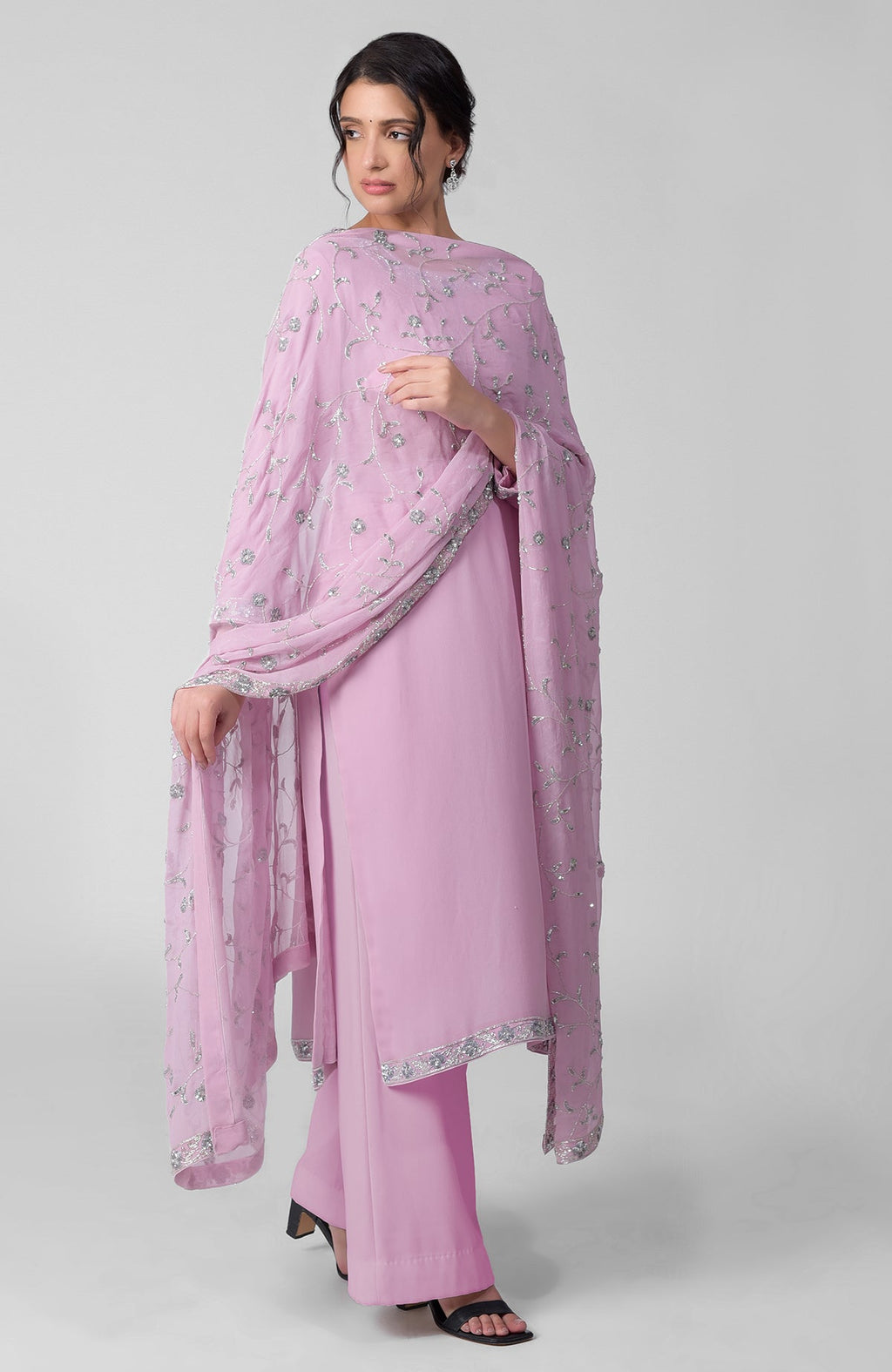 Lilac georgette kurta set with silver bead and sequin zardozi embroidery on neckline and sleeves