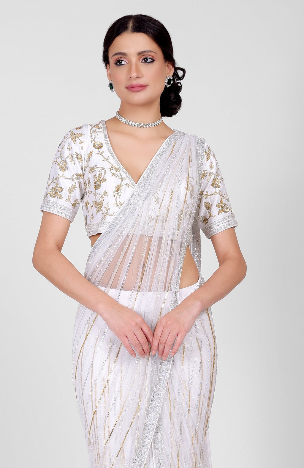 White blouse with hand-embroidered sequins and beads, V-neck front and back, elbow sleeves