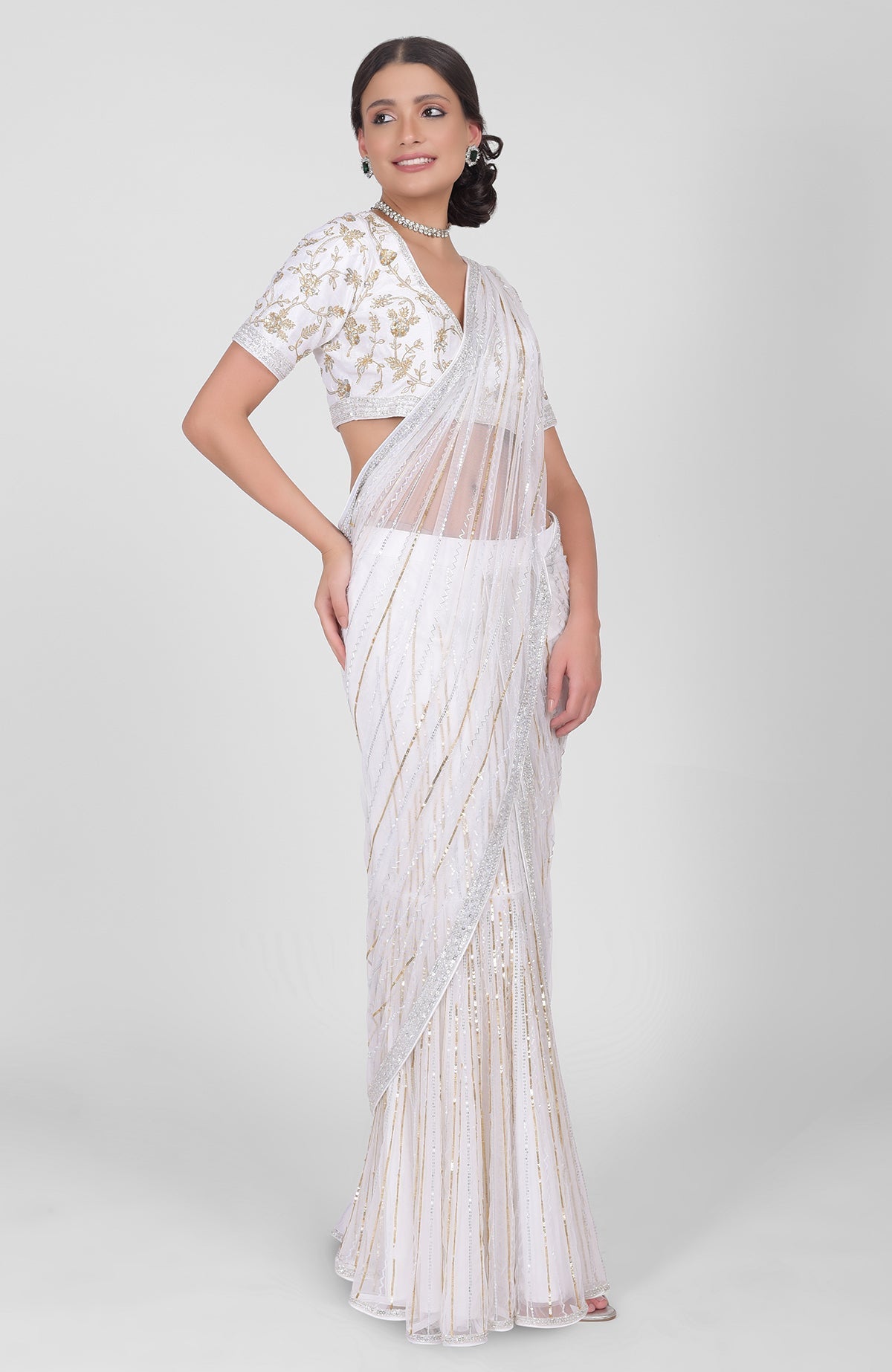 White blouse with hand-embroidered sequins and beads, V-neck front and back, elbow sleeves