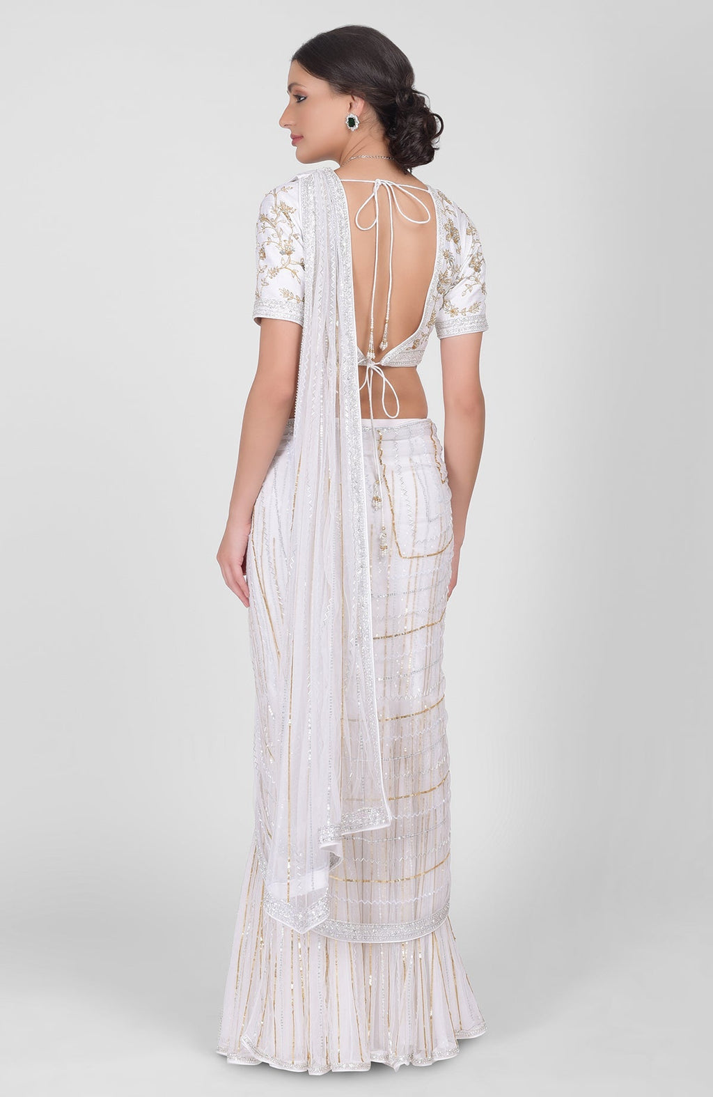 White blouse with sequin and bead embroidery, V-neck front and back, elbow-length sleeves