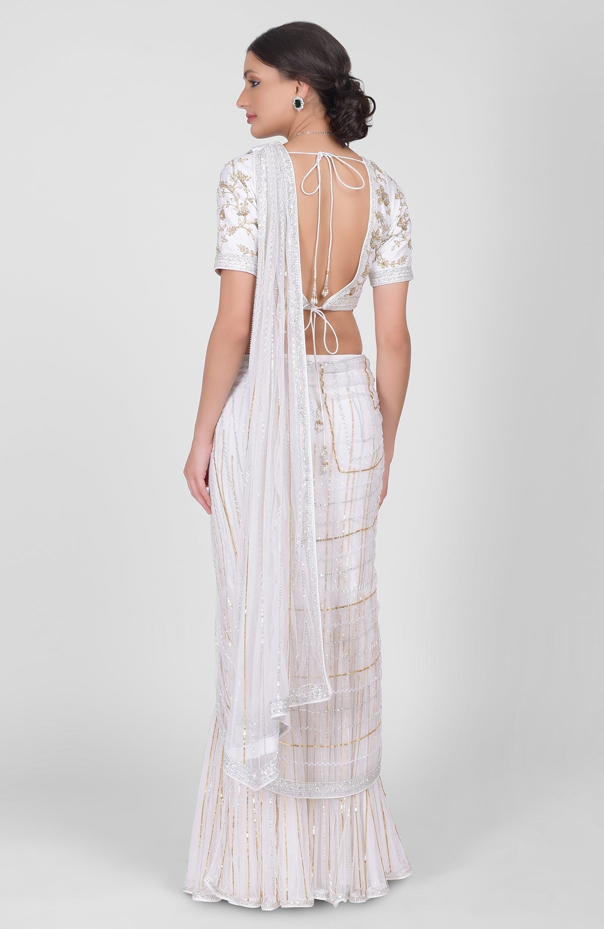 White blouse with sequin and bead embroidery, V-neck front and back, elbow-length sleeves