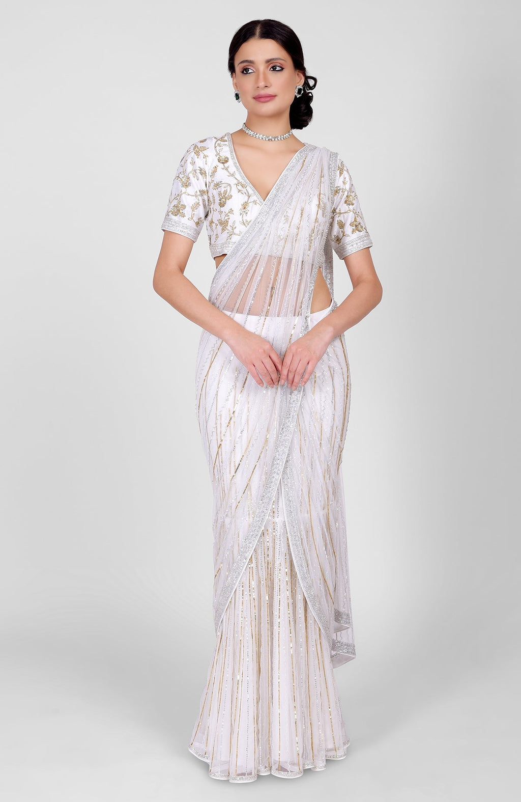 White blouse with hand-embroidered sequins and beads, V-neck front and back, elbow sleeves