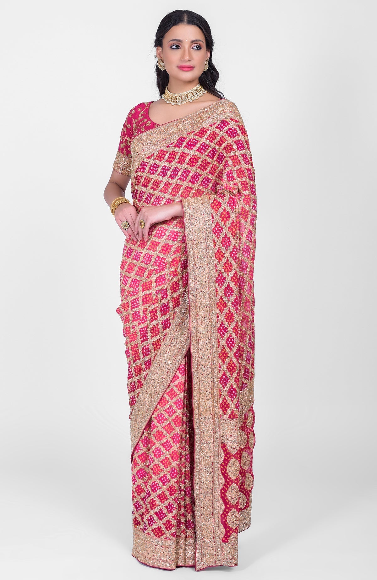 Pink-red ombre georgette saree with Bandhej, Banarasi zari, and zardozi hand embroidery