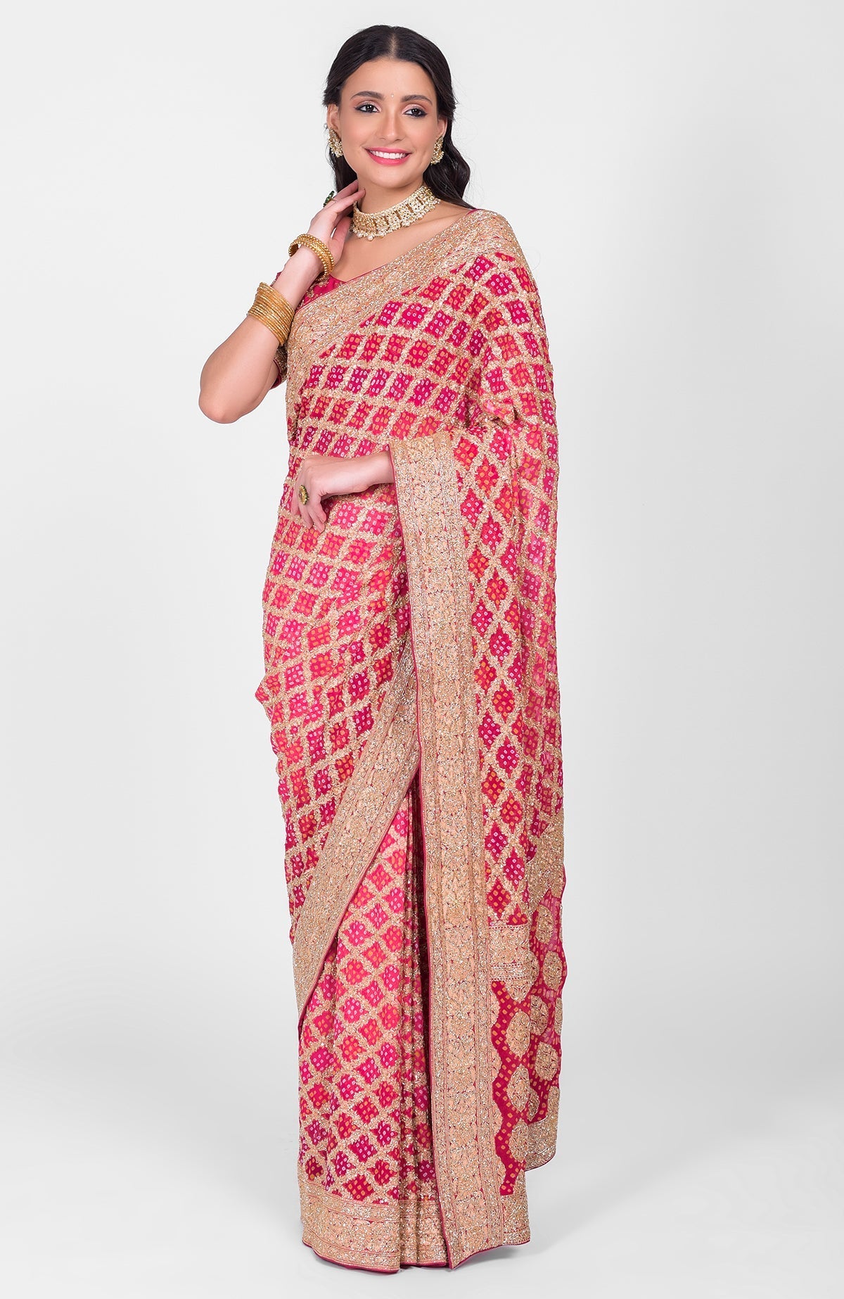 Pink-red ombre Bandhej saree with Banarasi zari and gold zardozi hand embroidery