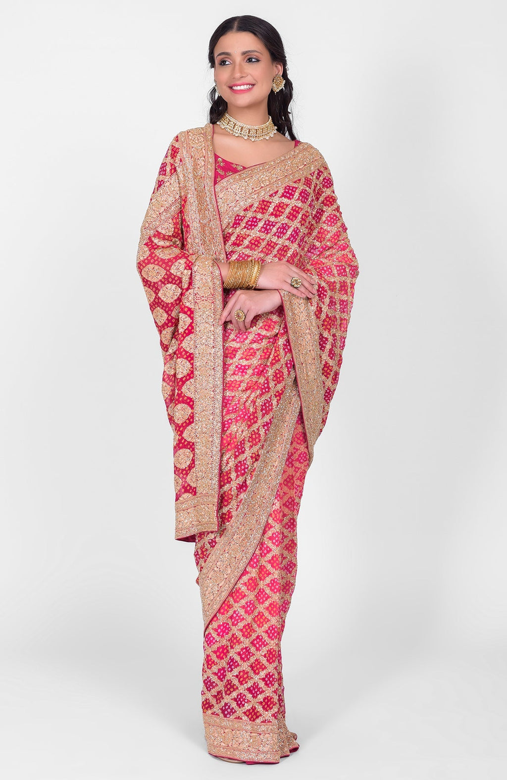 Pink-red ombre saree with Bandhej, Banarasi zari, and gold zardozi hand embroidery