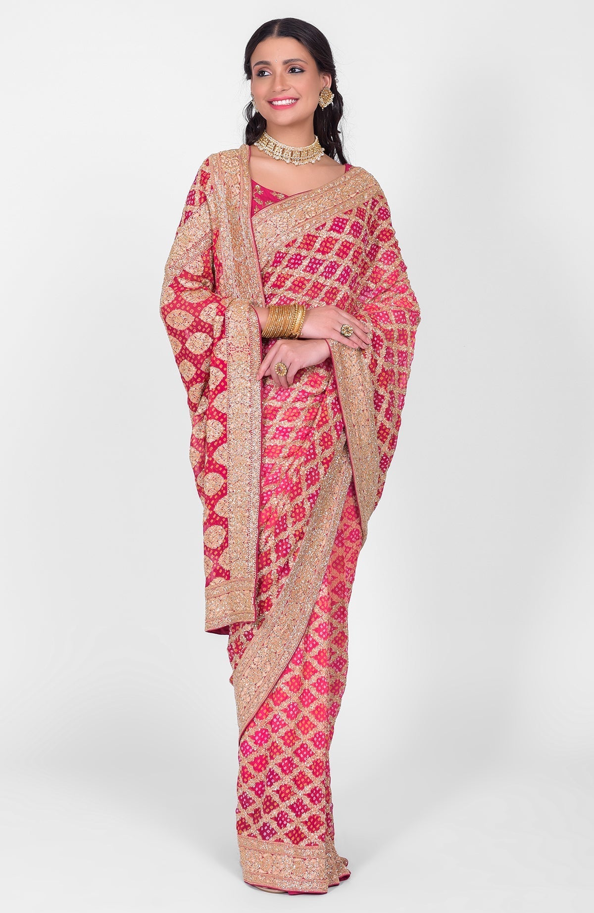Pink-red ombre saree with Bandhej, Banarasi zari, and gold zardozi hand embroidery