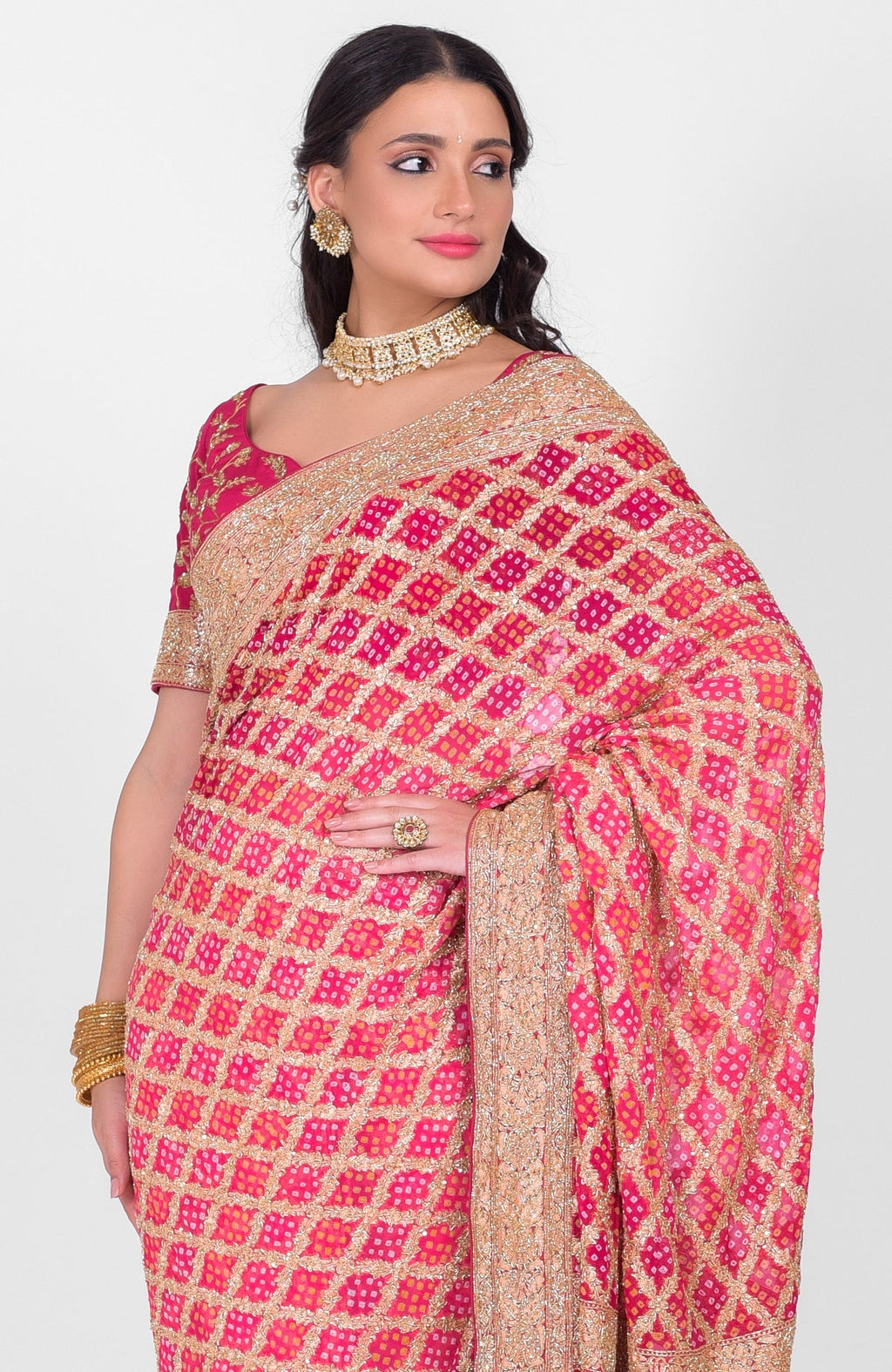 Pink-red ombre saree with Bandhej, Banarasi zari, and gold zardozi hand embroidery.