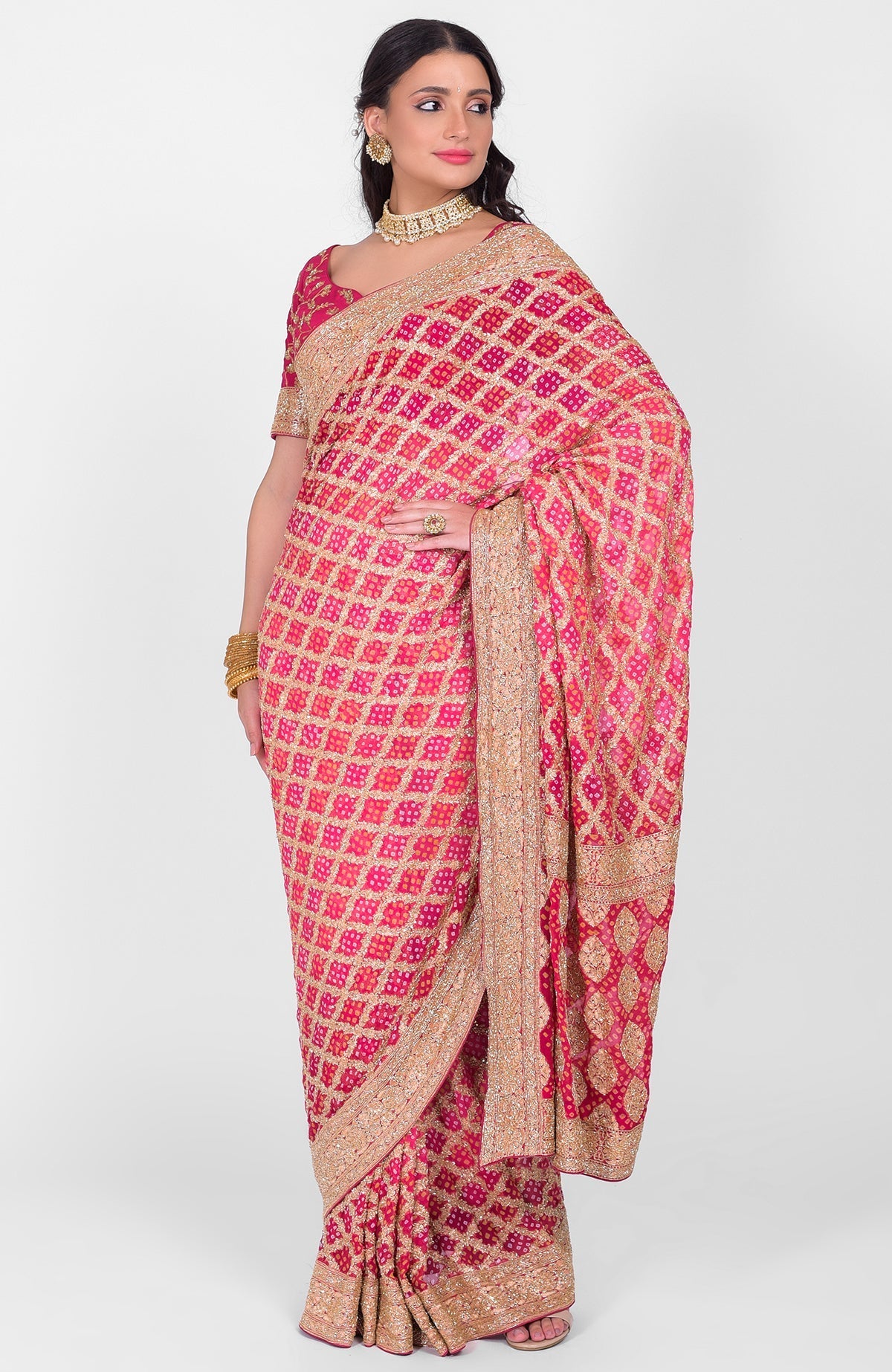 Pink-red ombre Bandhej saree with Banarasi zari and gold zardozi hand embroidery