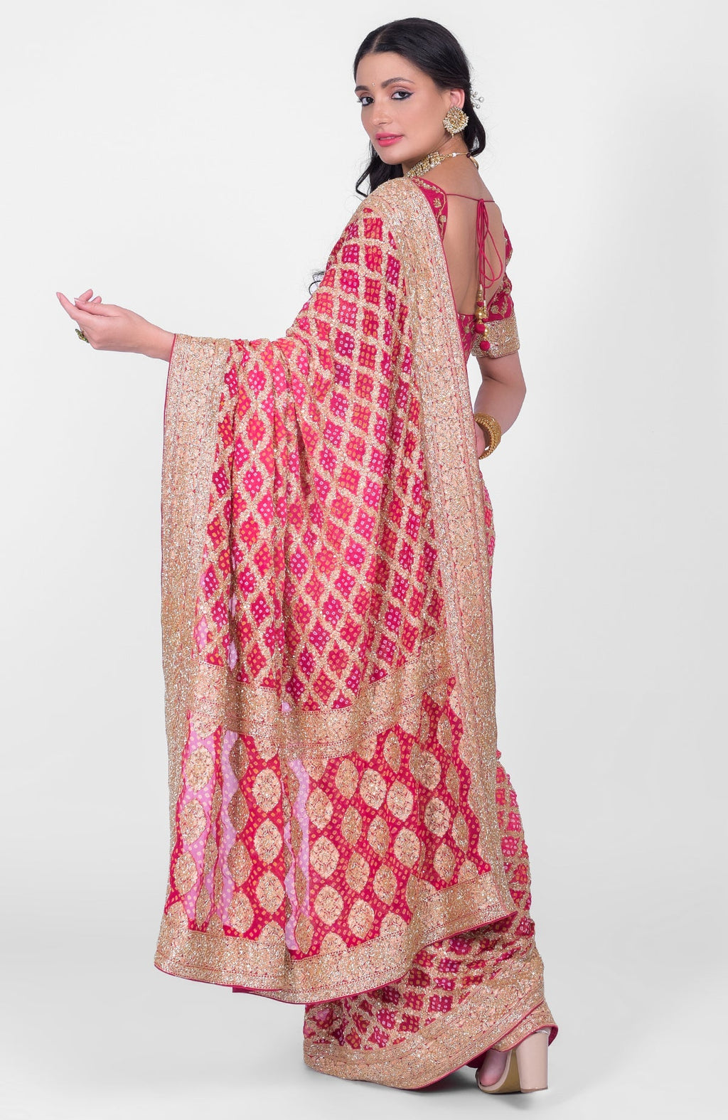 Pink-red ombre saree with Bandhej, Banarasi zari, and gold zardozi hand embroidery