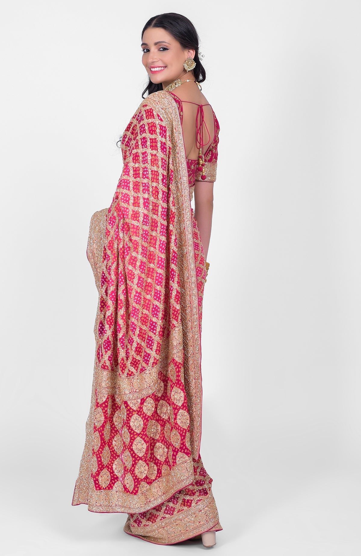 Pink-red ombre Bandhej saree with Banarasi zari and gold bead zardozi embroidery