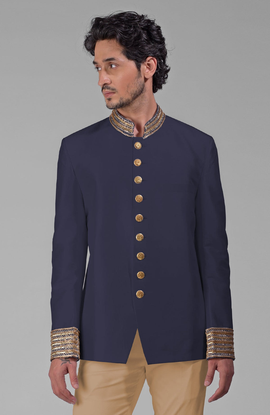 Midnight blue silk bandhgala jacket with zardozi embroidery, beadwork, sequins, and gold buttons