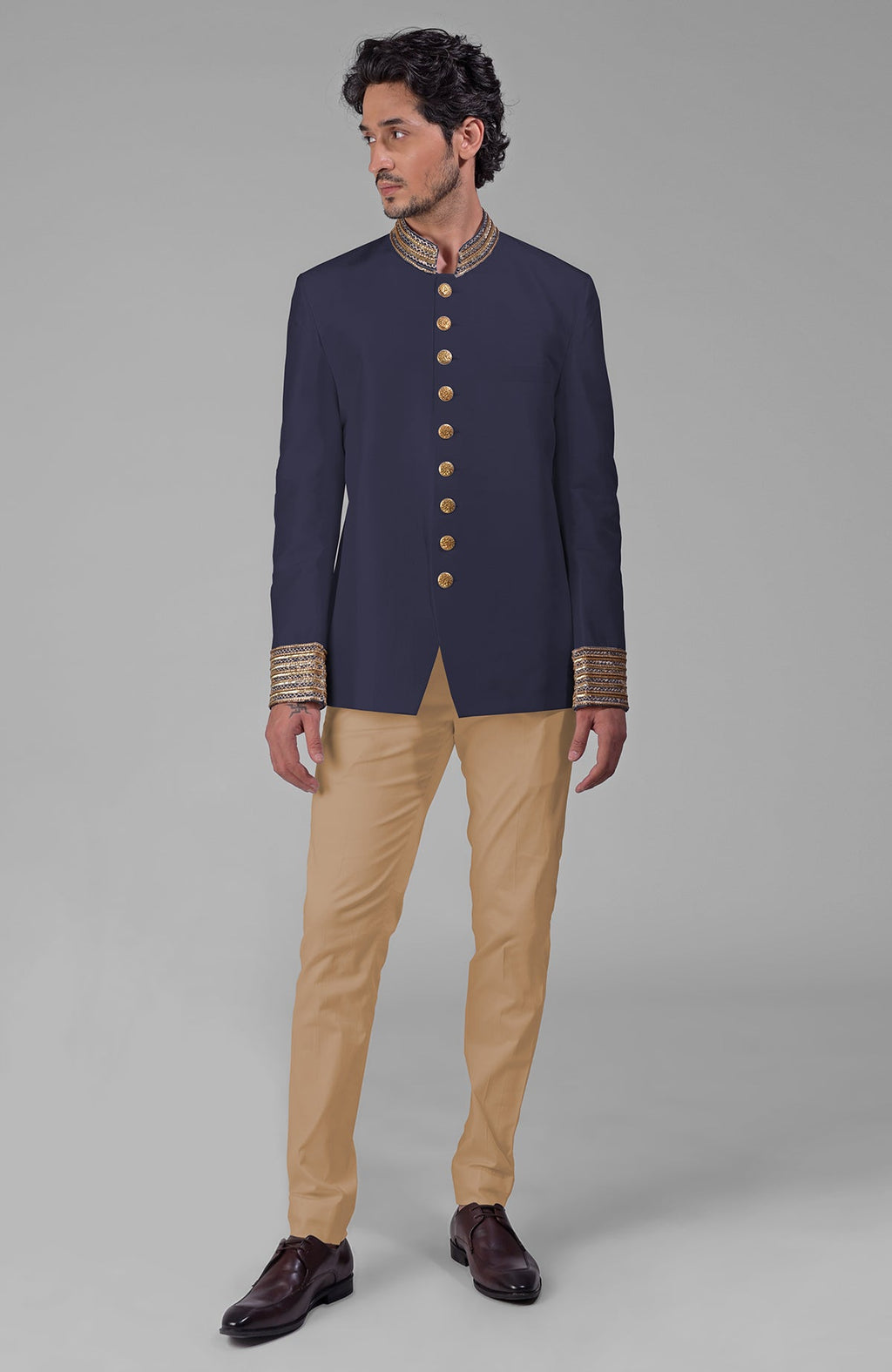 Midnight blue silk bandhgala jacket with zardozi embroidery, sequins, beads, and golden buttons