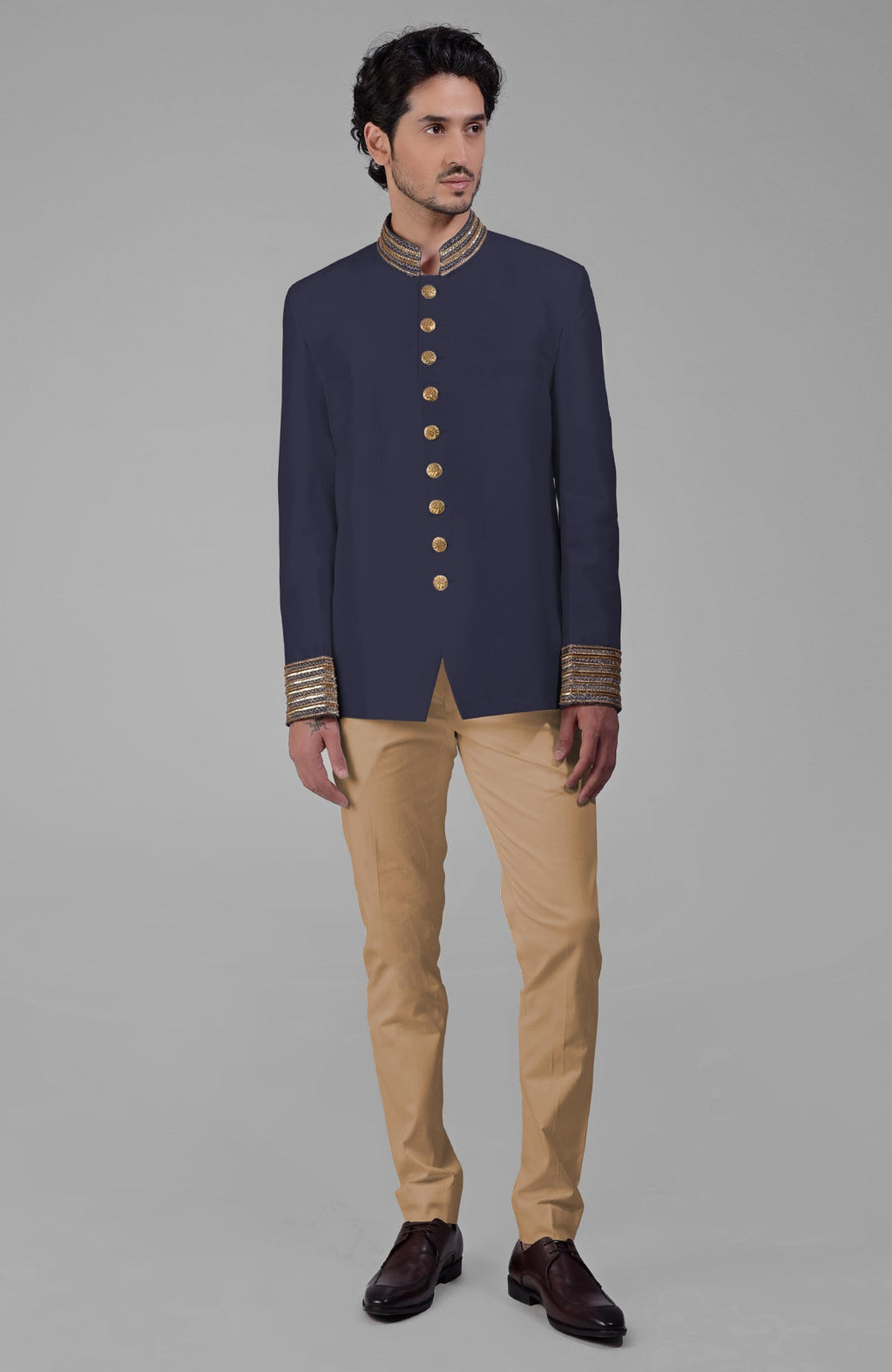 Midnight blue silk bandhgala jacket with zardozi embroidery, beadwork, sequins, and golden buttons