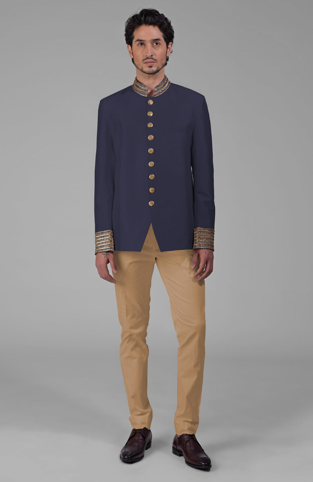 Midnight blue silk bandhgala jacket with zardozi embroidery, beadwork, sequins, and gold buttons