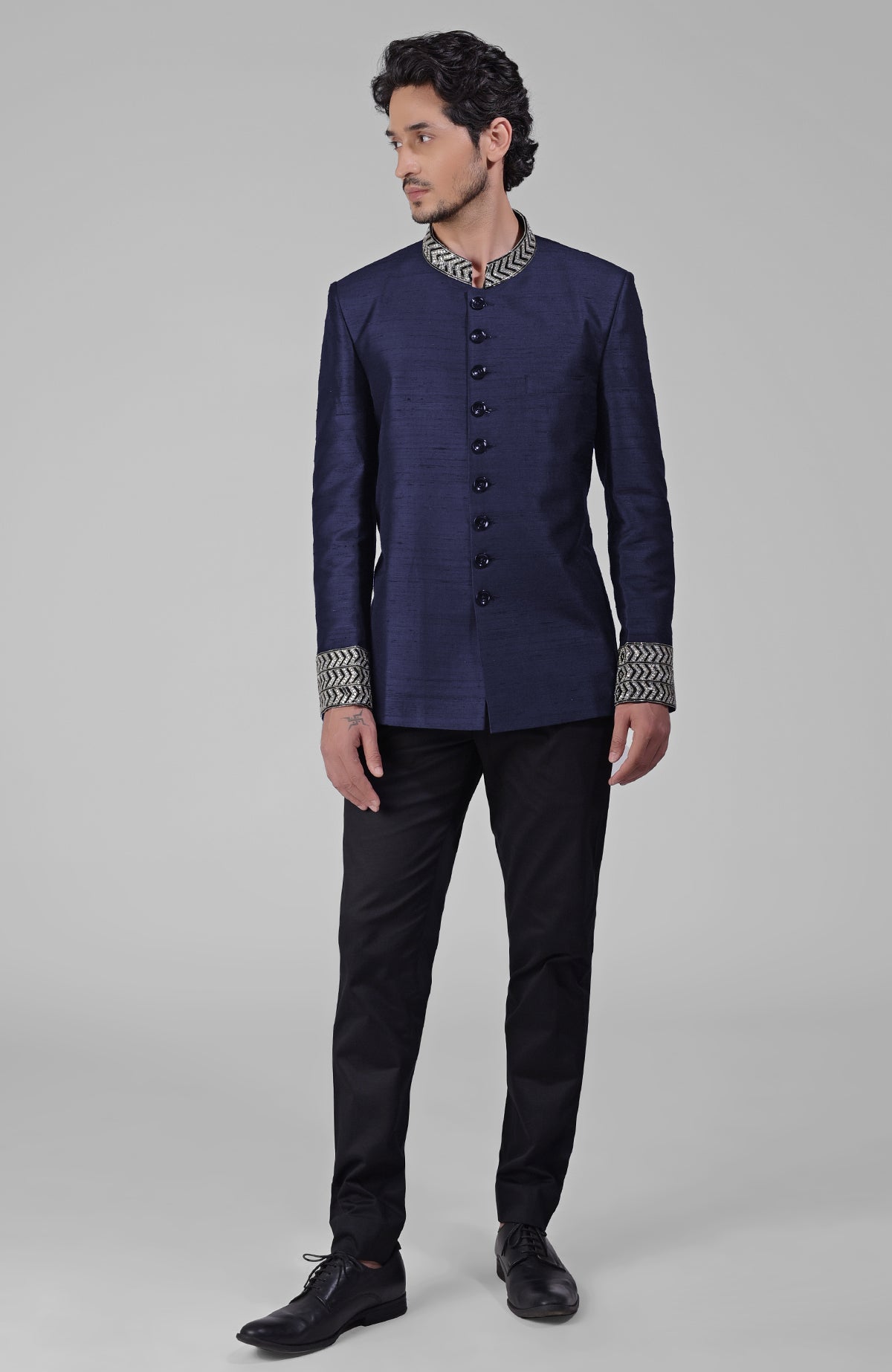 Teal silk bandhgala jacket with zardozi embroidery and matching tencil cotton pants set
