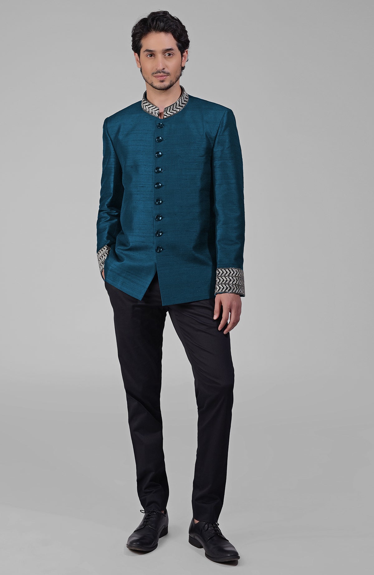 Maroon silk bandhgala jacket with zardozi embroidery and matching tencil cotton pants set