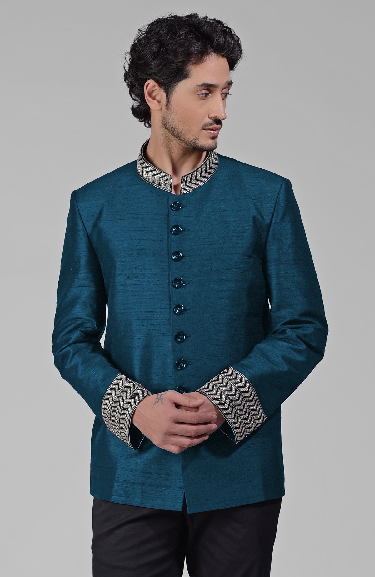 Teal silk bandhgala jacket with zardozi embroidery and matching tencil cotton pants set