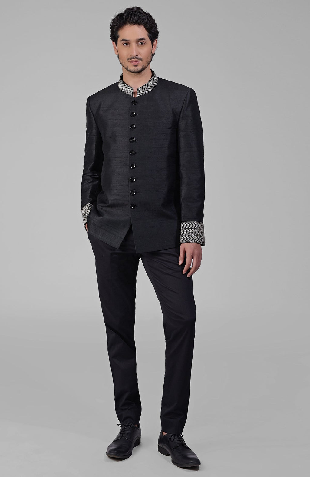Charcoal grey silk bandhgala jacket with intricate zardozi embroidery and beadwork details
