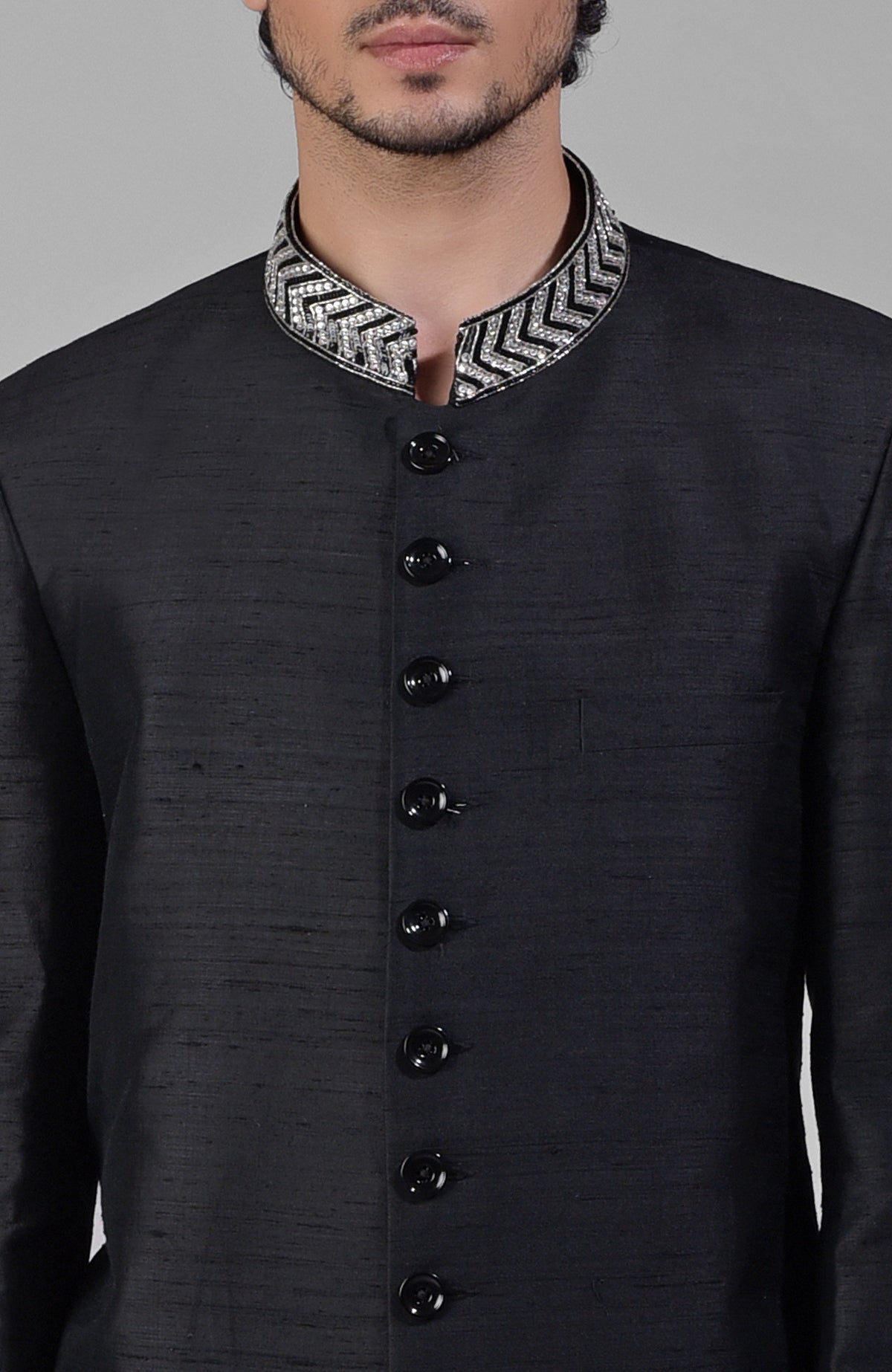 Charcoal grey silk bandhgala jacket with zardozi embroidery and bead detailing