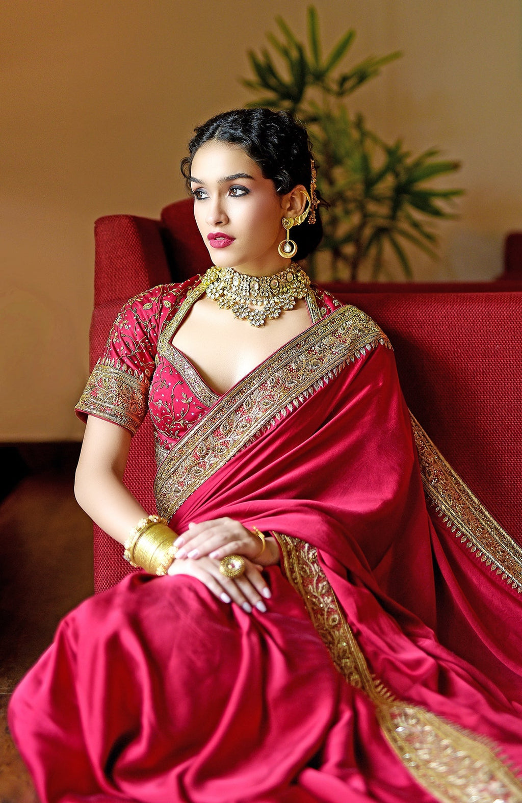 Blood red pure silk saree with gold hand-embroidered zardozi and beadwork borders and blouse