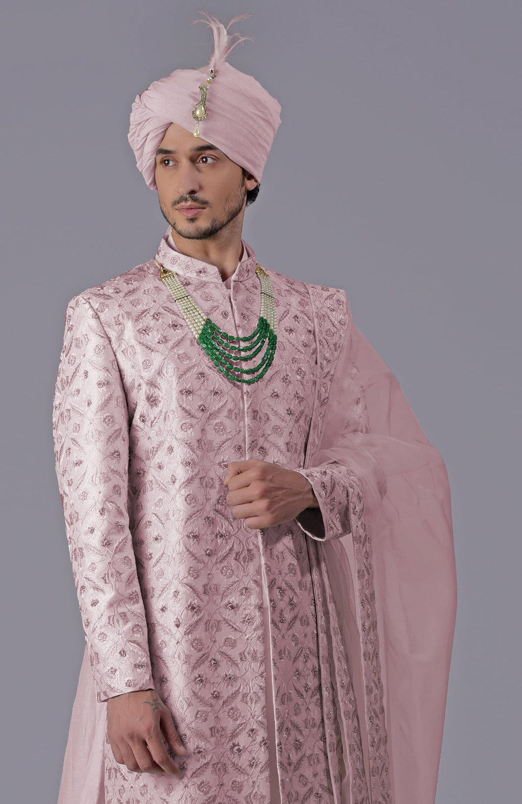 Burnished lilac sherwani with gold floral embroidery and silk organza dupatta set.