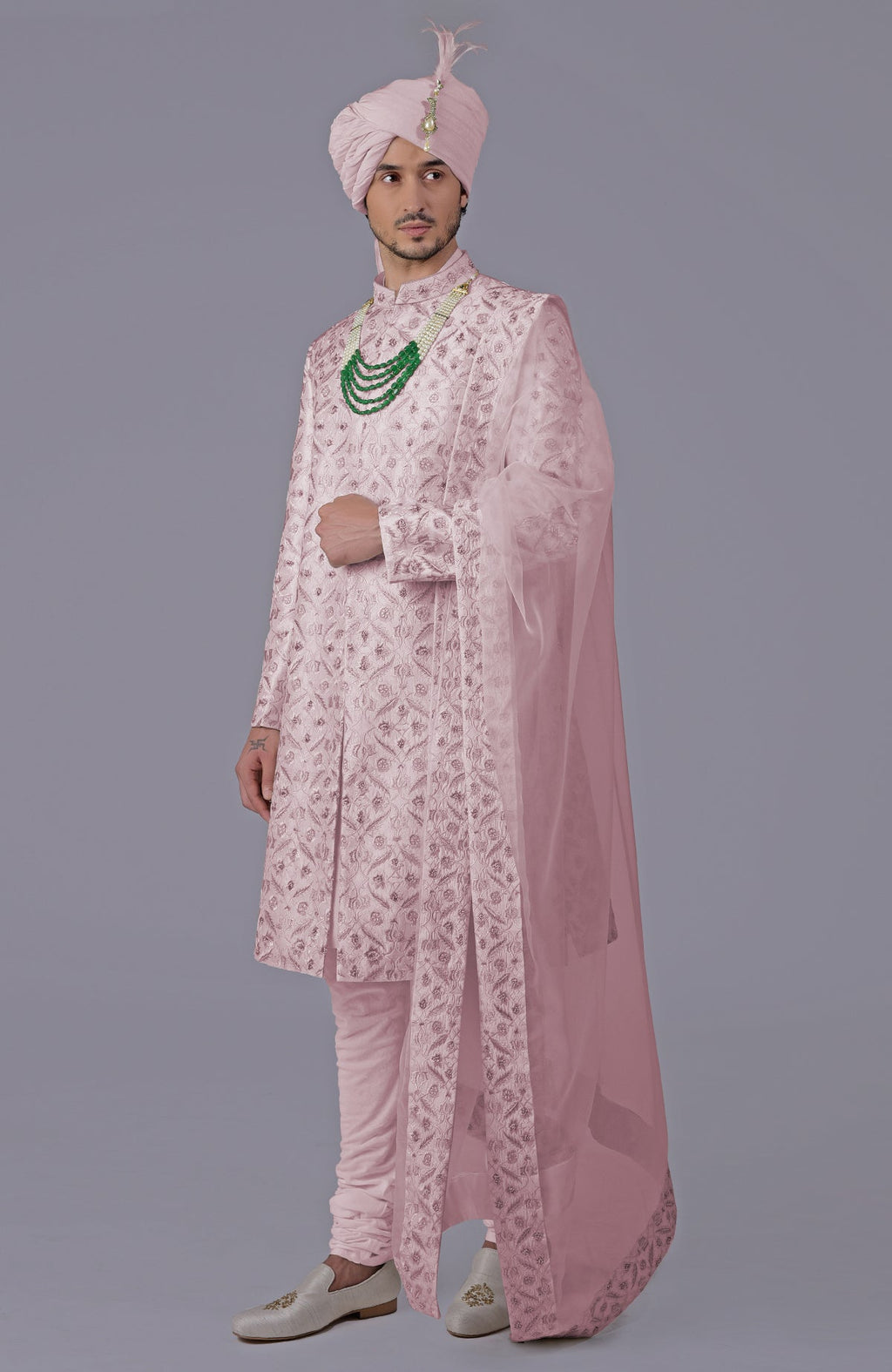 Burnished lilac sherwani set with gold floral embroidery and silk organza dupatta.