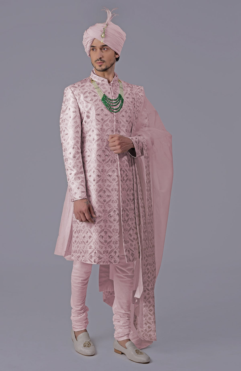 Burnished lilac sherwani with gold floral embroidery and silk organza dupatta set.