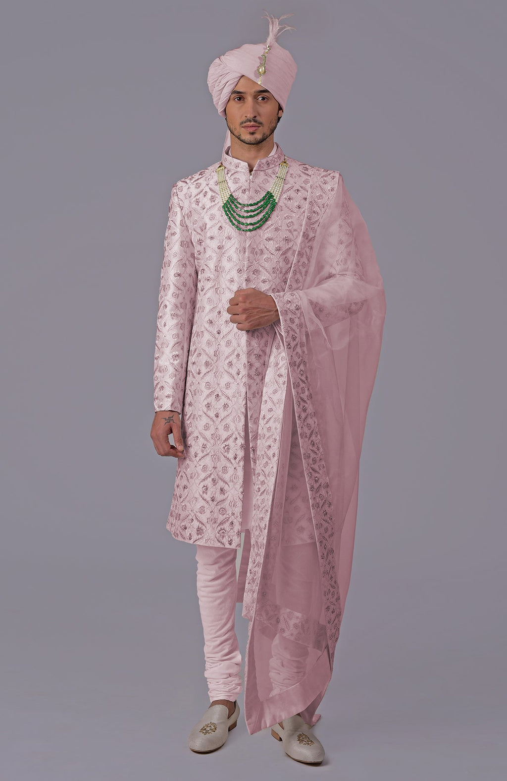 Burnished lilac sherwani set with gold floral embroidery and silk organza dupatta.