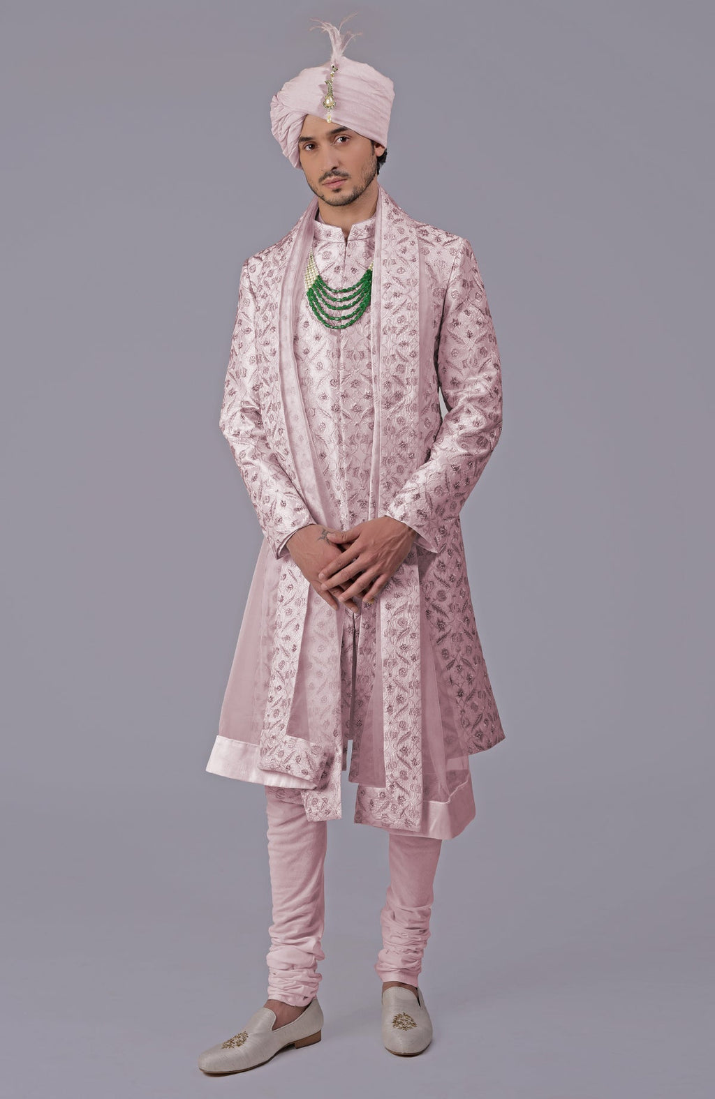 Burnished lilac sherwani with gold floral embroidery and silk organza dupatta set.