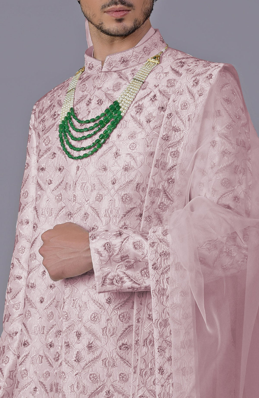 Burnished lilac sherwani with gold floral embroidery and silk organza dupatta set.