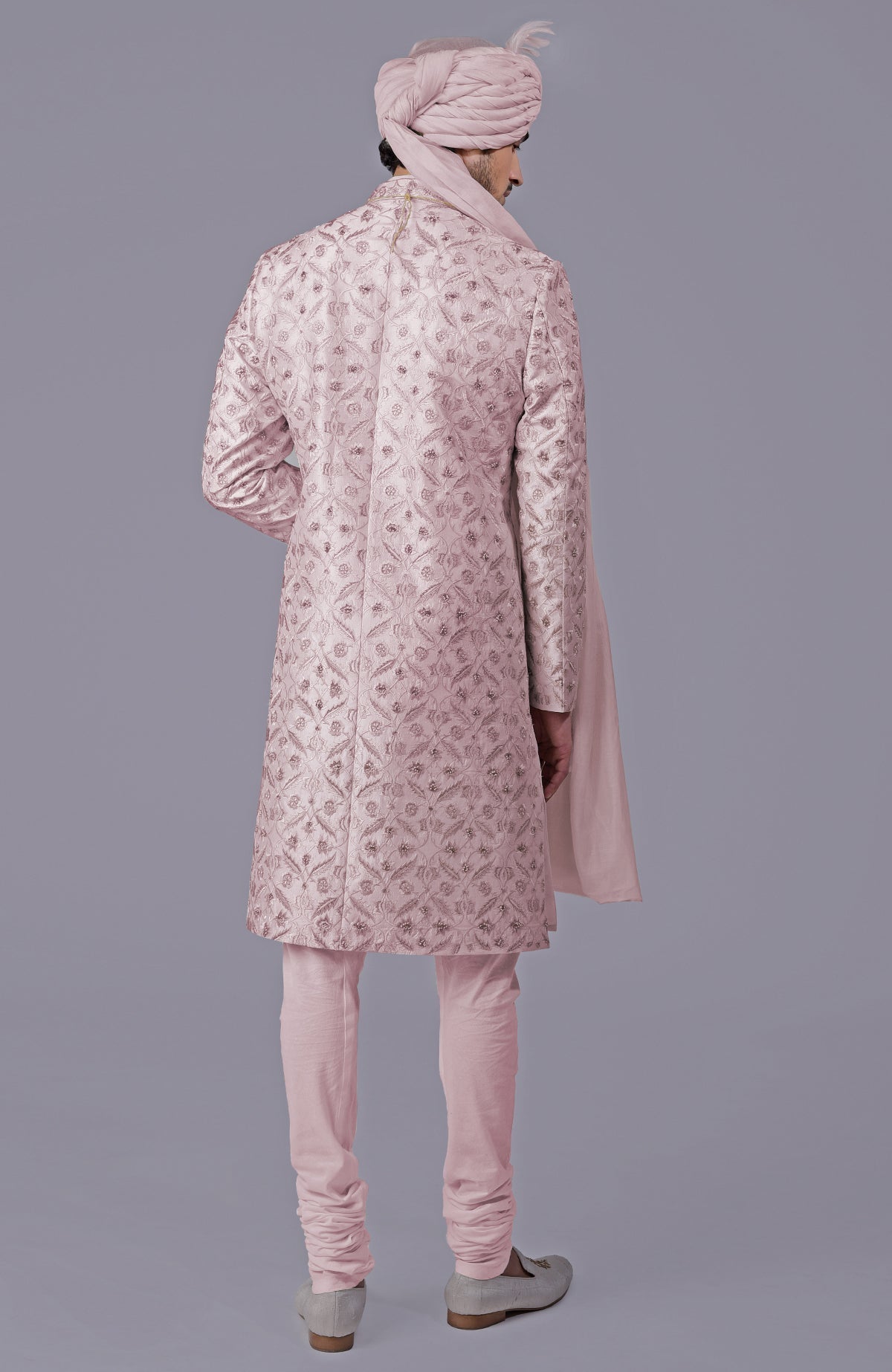 Burnished lilac sherwani with gold floral embroidery and silk organza dupatta set.
