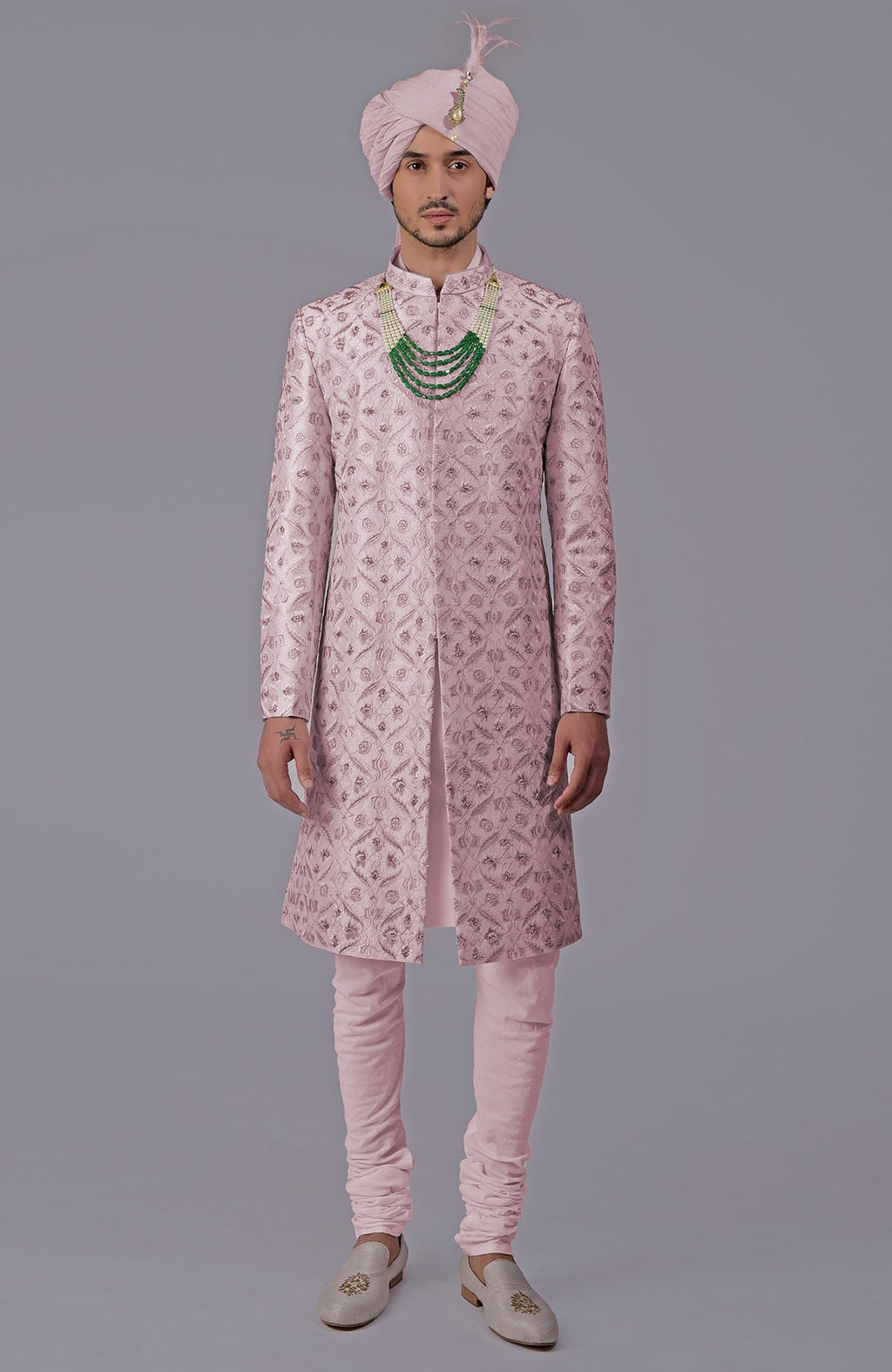 Burnished lilac sherwani with gold floral embroidery and silk organza dupatta set.