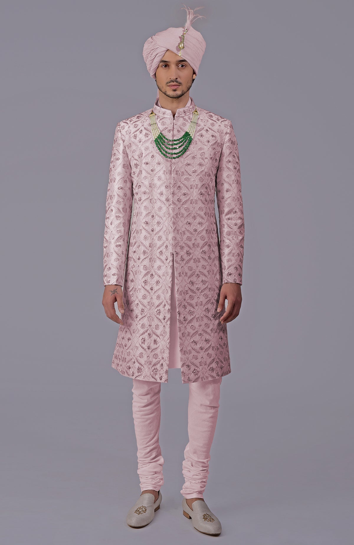 Burnished lilac sherwani with gold floral embroidery and silk organza dupatta set.