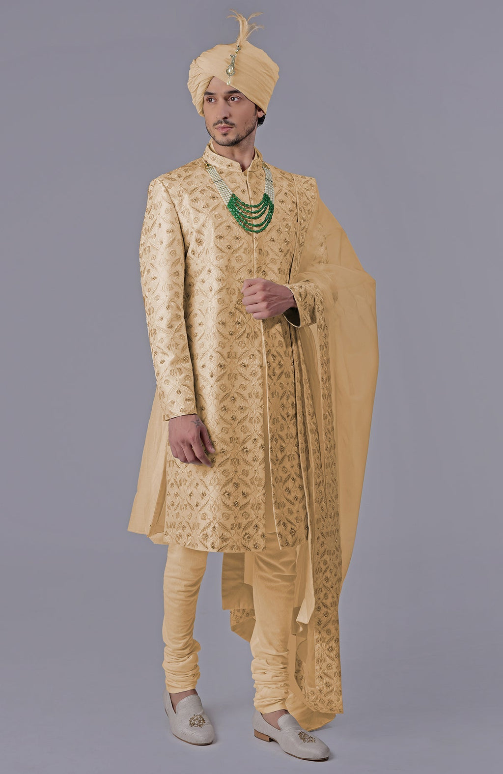 Golden sherwani with floral embroidery and silk organza dupatta in a 5-piece set