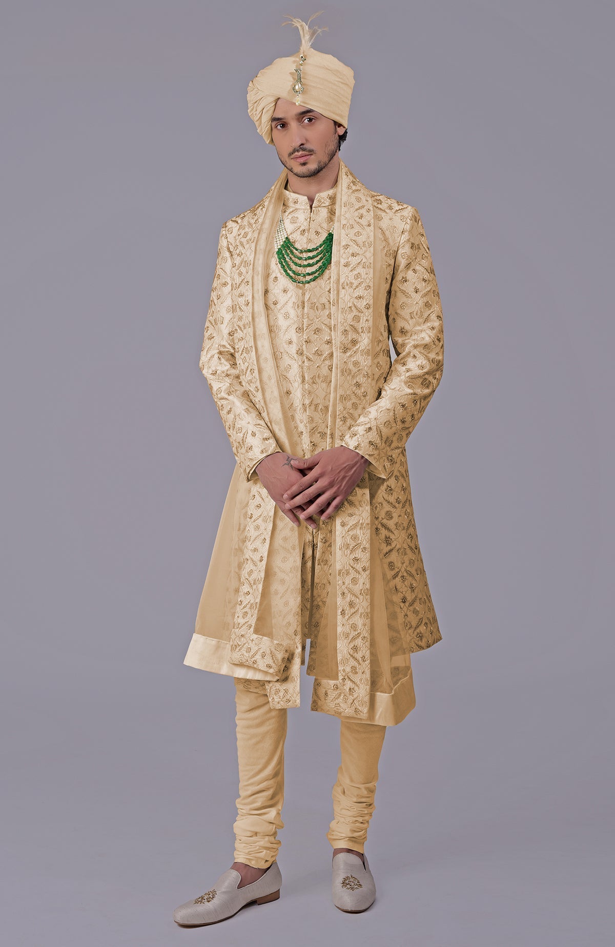 Golden sherwani set with floral embroidery and silk organza dupatta in a 5-piece ensemble