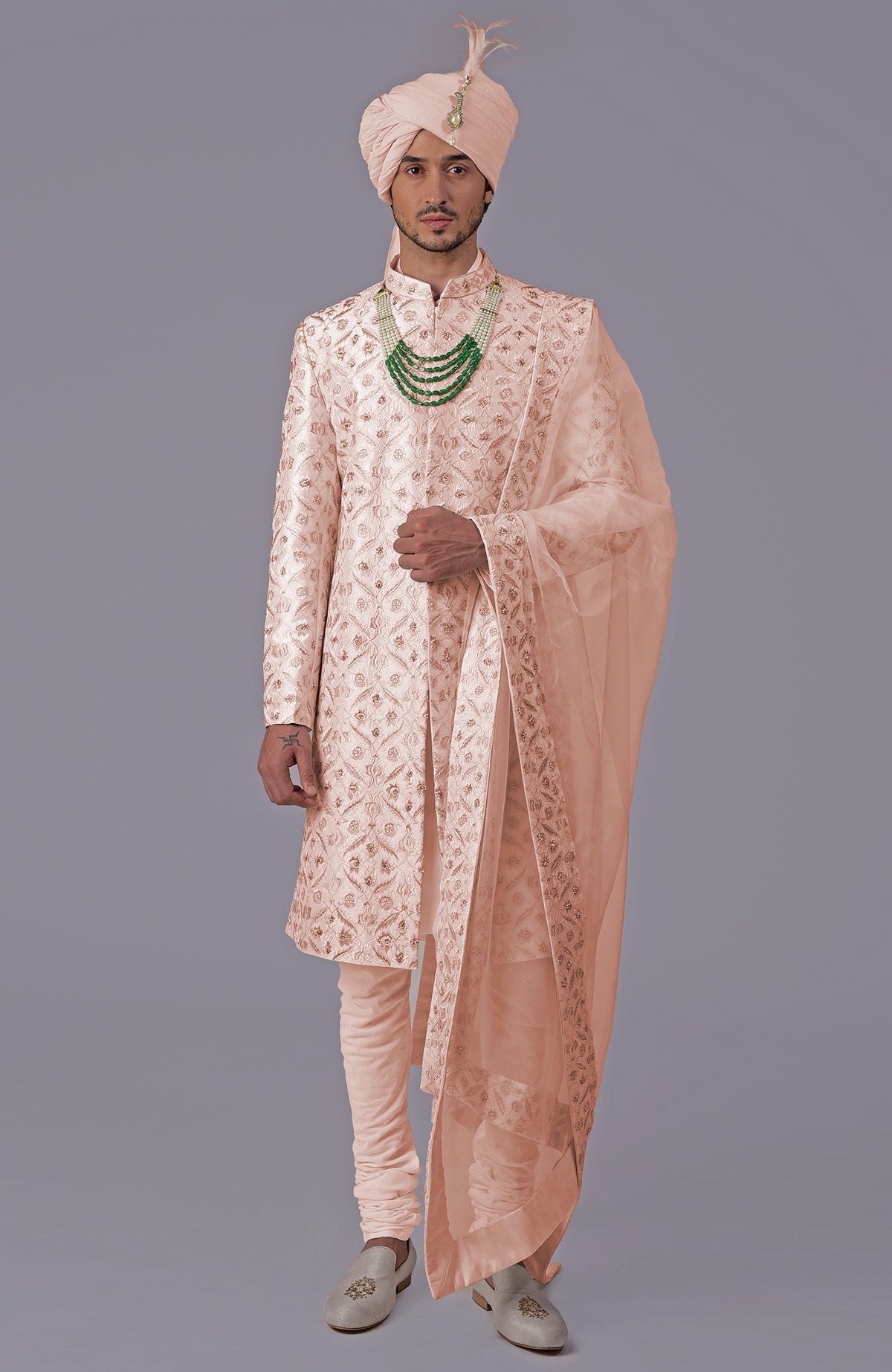 Ivory and gold sherwani with floral embroidery and silk organza dupatta set.
