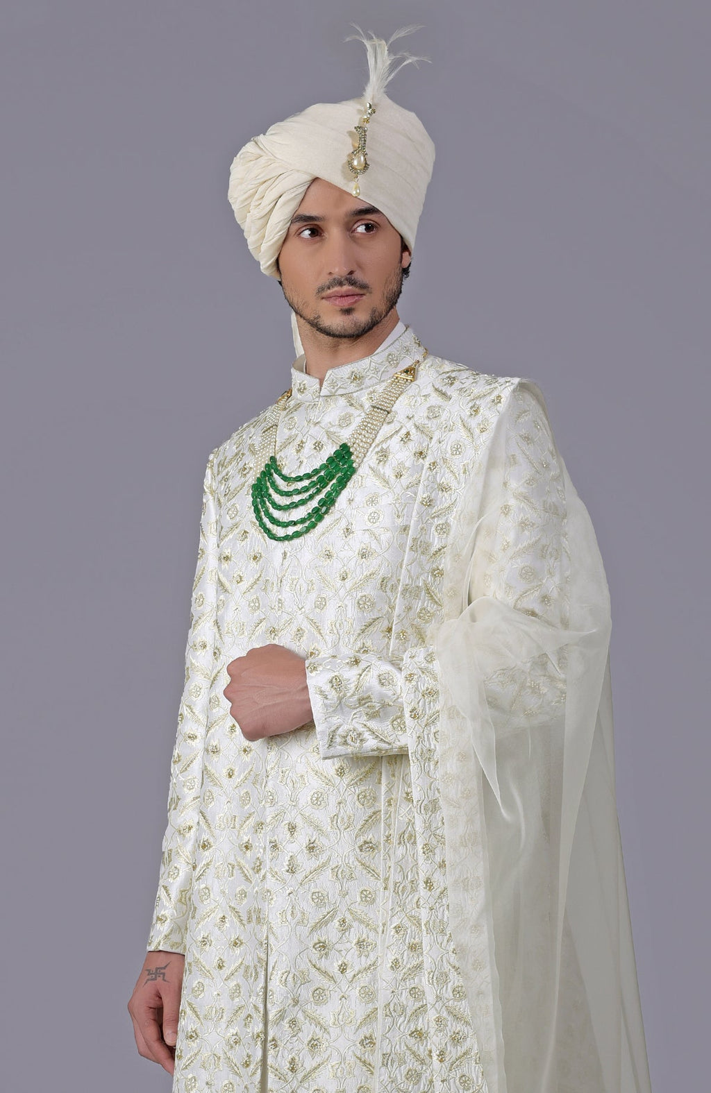 Ivory and gold sherwani with floral embroidery and silk organza dupatta in a five-piece set