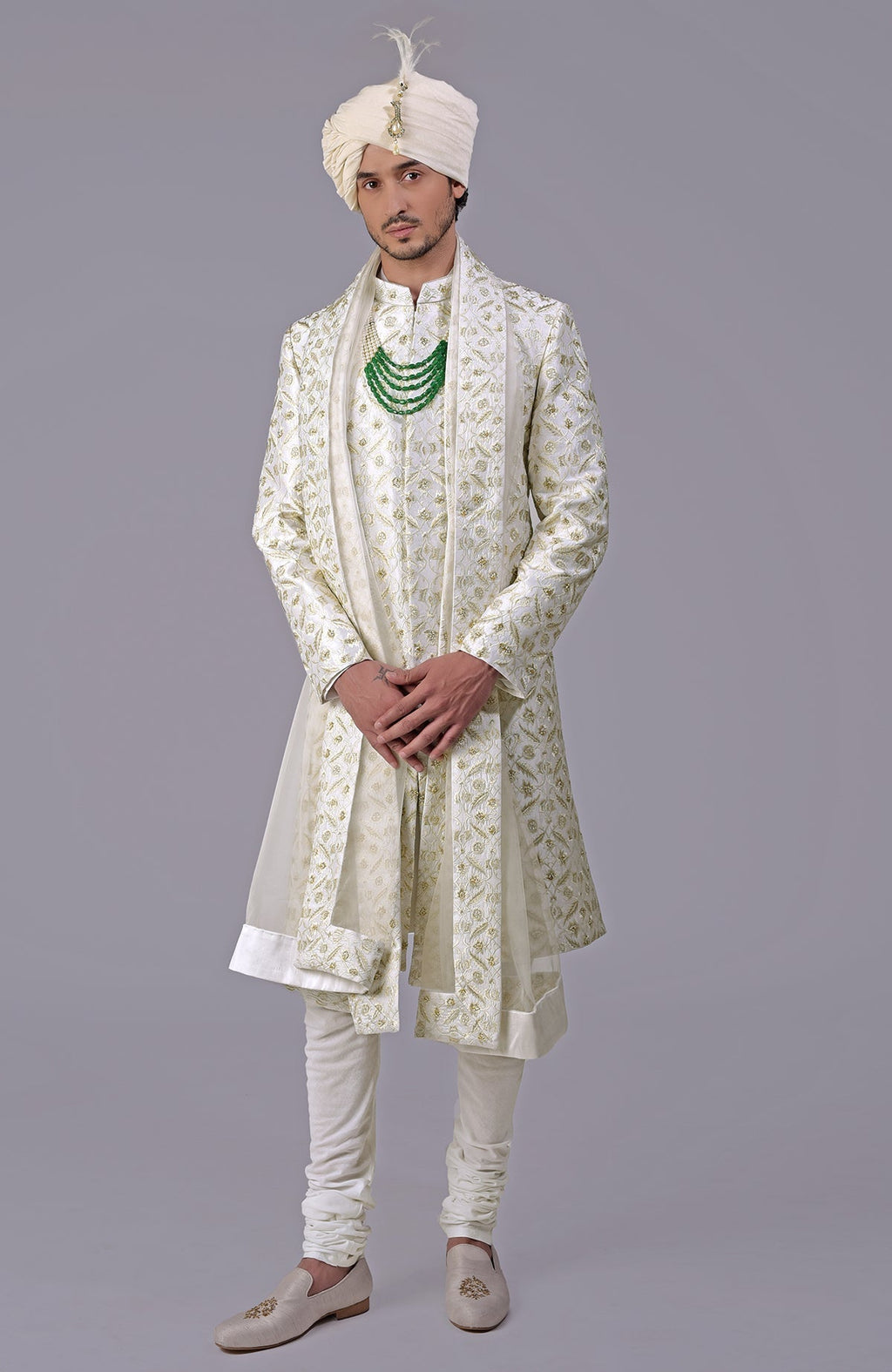Ivory and gold sherwani with floral embroidery and silk organza dupatta in a 5-piece set